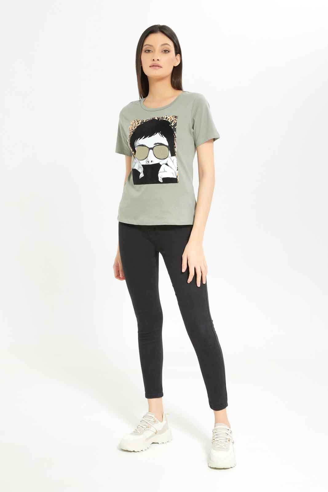 Redtag-Dark-Green-Emblished-T-Shirt-Category:T-Shirts,-Colour:Olive,-Deals:New-In,-Dept:Ladieswear,-Filter:Women's-Clothing,-New-In-Women-APL,-Non-Sale,-Section:Women,-TBL,-W22A,-Women-T-Shirts-Women's-