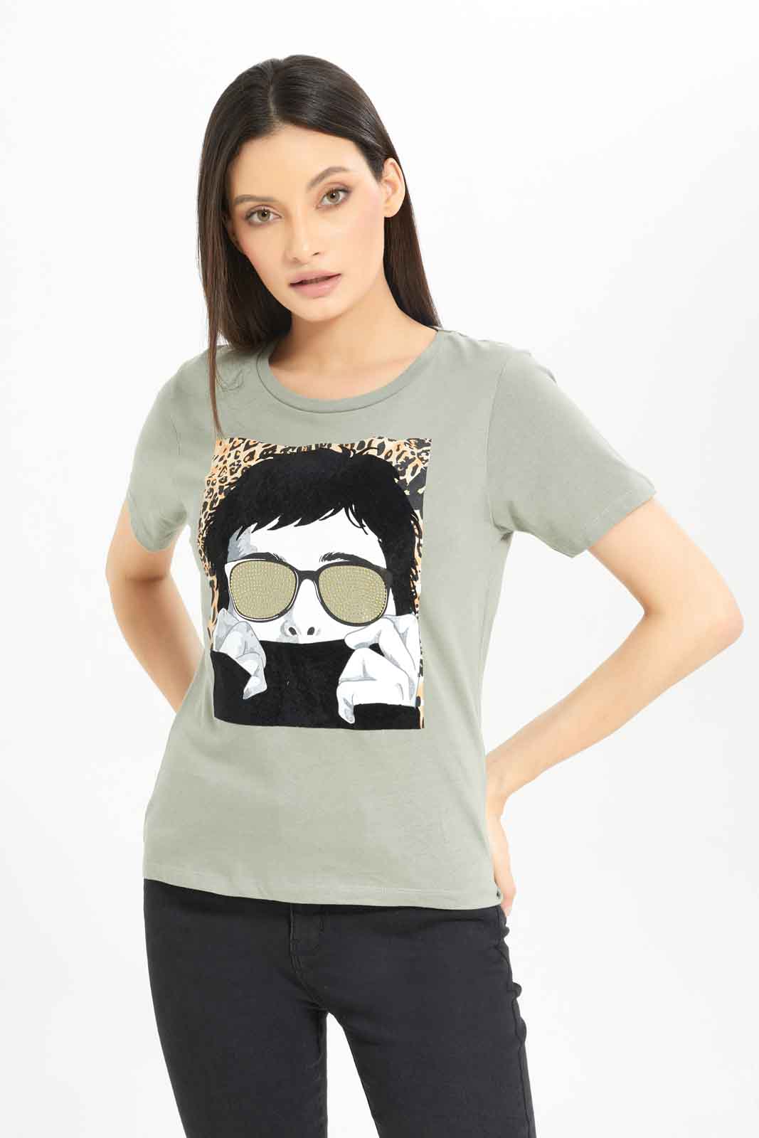 Redtag-Dark-Green-Emblished-T-Shirt-Category:T-Shirts,-Colour:Olive,-Deals:New-In,-Dept:Ladieswear,-Filter:Women's-Clothing,-New-In-Women-APL,-Non-Sale,-Section:Women,-TBL,-W22A,-Women-T-Shirts-Women's-