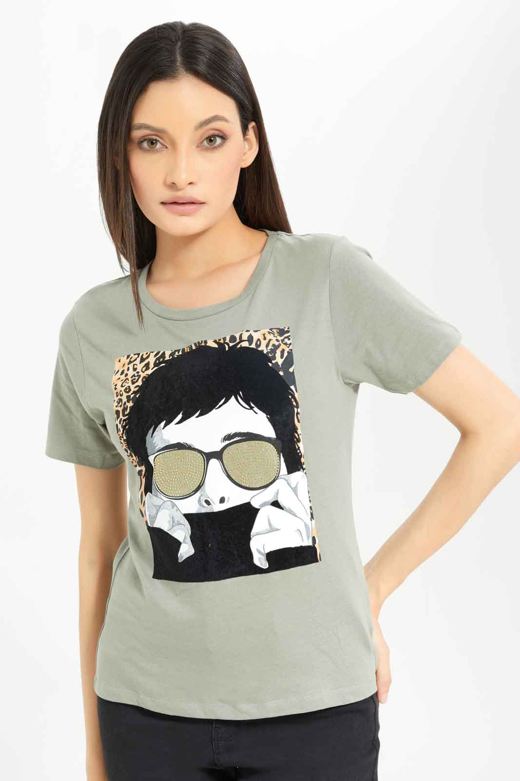 Redtag-Dark-Green-Emblished-T-Shirt-Category:T-Shirts,-Colour:Olive,-Deals:New-In,-Dept:Ladieswear,-Filter:Women's-Clothing,-New-In-Women-APL,-Non-Sale,-Section:Women,-TBL,-W22A,-Women-T-Shirts-Women's-