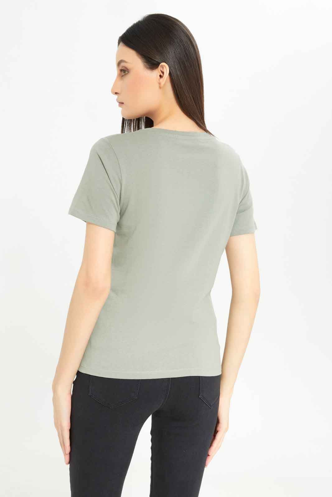 Redtag-Dark-Green-Emblished-T-Shirt-Category:T-Shirts,-Colour:Olive,-Deals:New-In,-Dept:Ladieswear,-Filter:Women's-Clothing,-New-In-Women-APL,-Non-Sale,-Section:Women,-TBL,-W22A,-Women-T-Shirts-Women's-