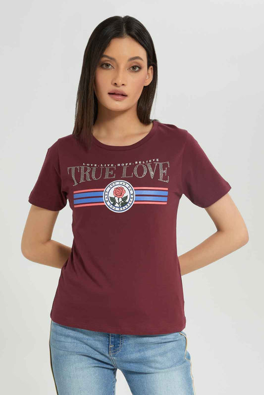 Redtag-Burgundy-Emblished-T-Shirt-Category:T-Shirts,-Colour:Burgundy,-Deals:New-In,-Dept:Ladieswear,-Filter:Women's-Clothing,-New-In-Women-APL,-Non-Sale,-Section:Women,-TBL,-W22A,-Women-T-Shirts-Women's-