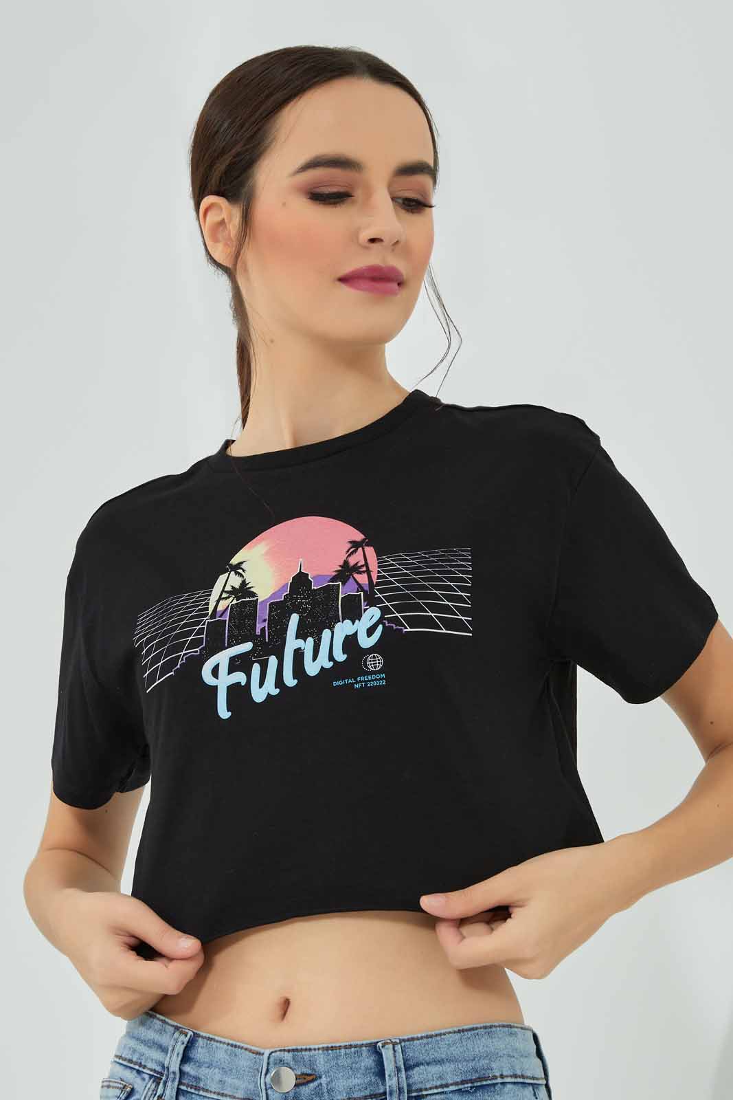 Redtag-Black-Metaverse-T-Shirt-Category:T-Shirts,-Colour:Black,-Deals:New-In,-FF,-Filter:Women's-Clothing,-New-In-Women-APL,-Non-Sale,-Section:Women,-W22A,-Women-T-Shirts-Women's-