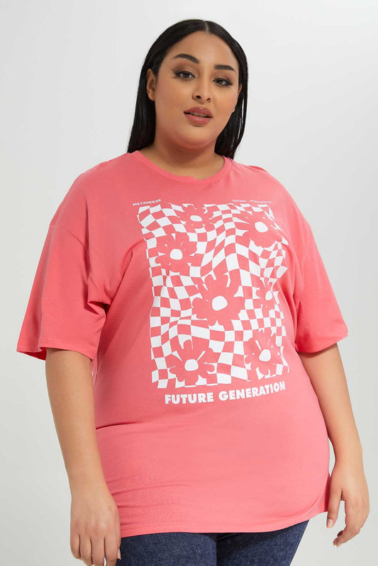Women Plus Size Pink Floral T-Shirt
