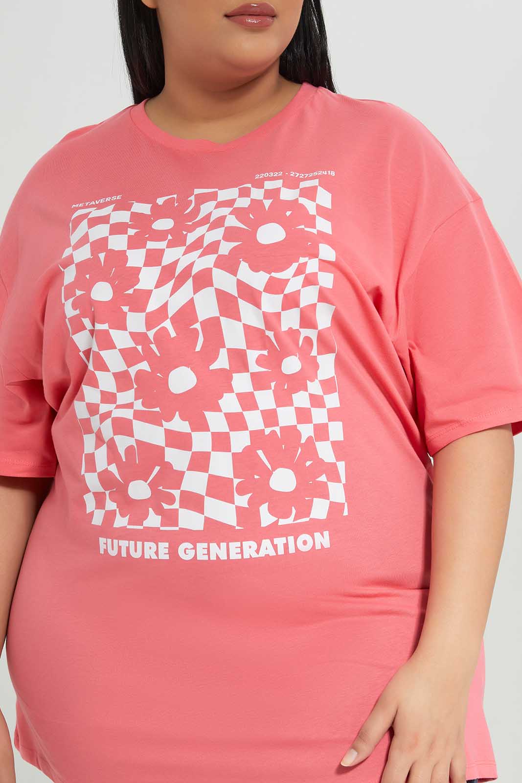 Women Plus Size Pink Floral T-Shirt