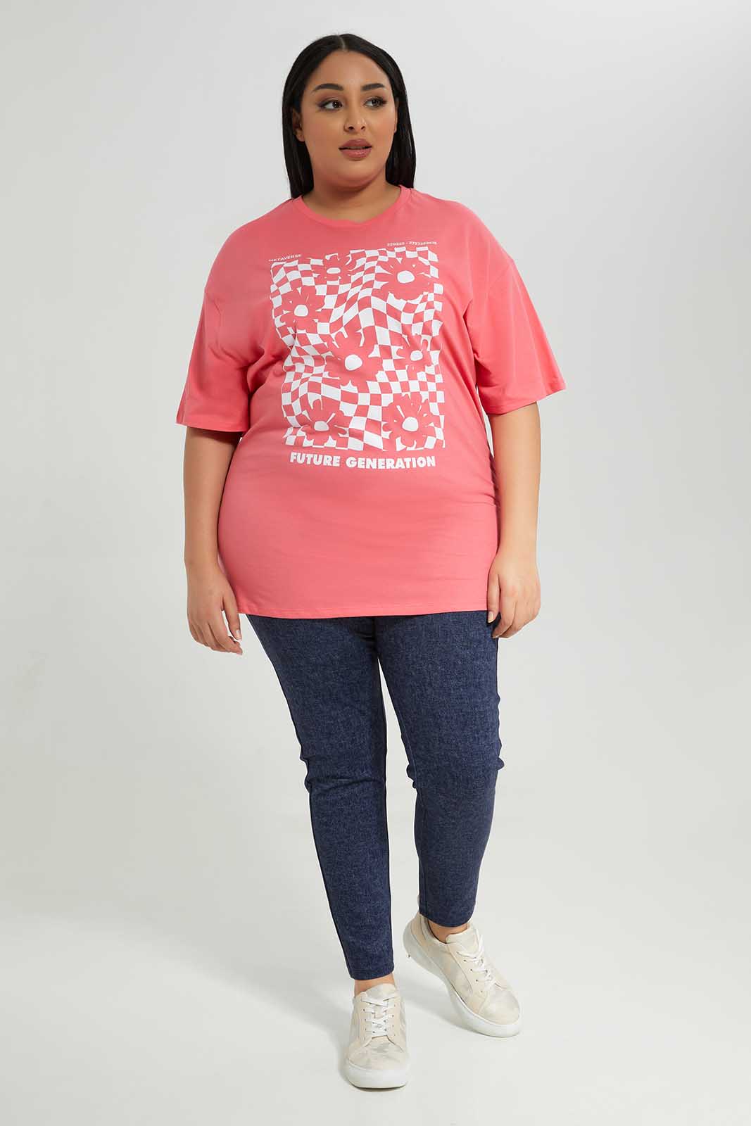 Women Plus Size Pink Floral T-Shirt