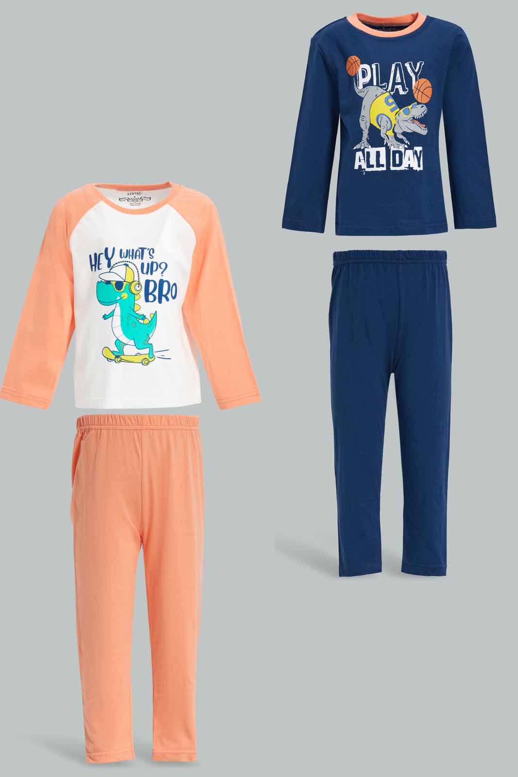 Redtag-Navy-And-Orange-Dino-Long-Slv-Pj-Set-(-4-Pack)-Category:Pyjama-Sets,-Colour:Navy,-Deals:New-In,-Dept:Boys,-Filter:Infant-Boys-(3-to-24-Mths),-INB-Pyjama-Sets,-New-In-INB-APL,-Non-Sale,-Section:Boys-(0-to-14Yrs),-W22A-Infant-Boys-3 to 24 Months