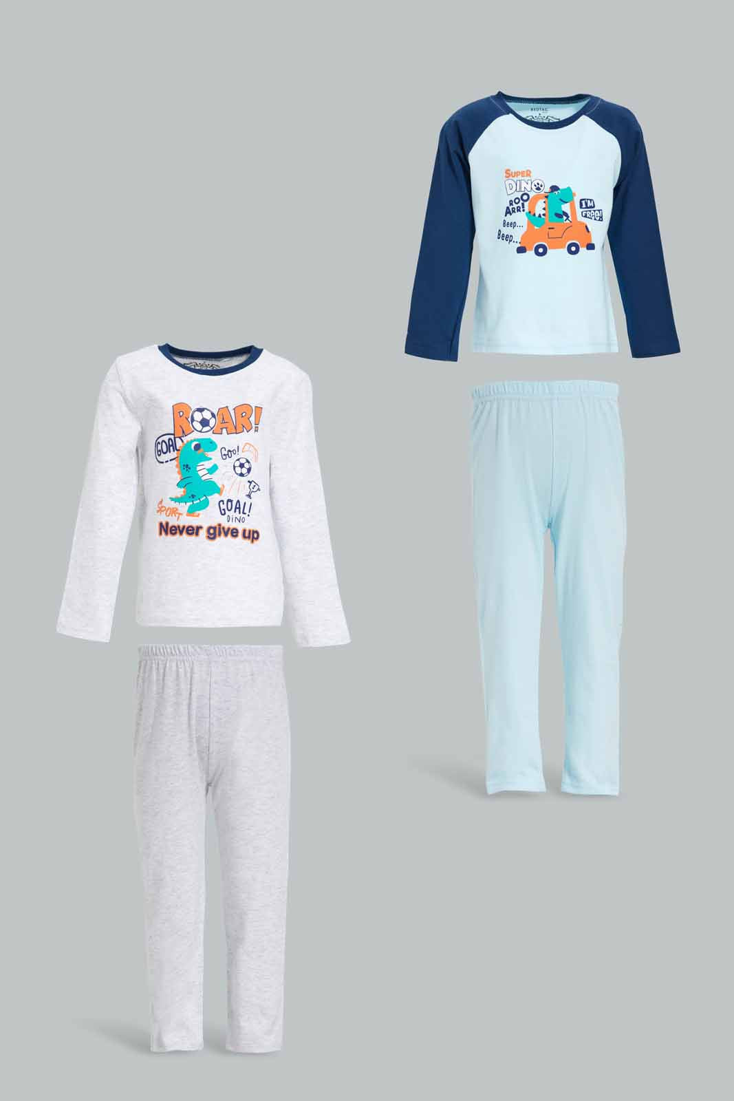 Redtag-Grey-And-Aqua-Dino-Roar-Long-Slv-Pj-Set-(-4-Pack)-Category:Pyjama-Sets,-Colour:Grey,-Deals:New-In,-Dept:Boys,-Filter:Infant-Boys-(3-to-24-Mths),-INB-Pyjama-Sets,-New-In-INB-APL,-Non-Sale,-Section:Boys-(0-to-14Yrs),-W22A-Infant-Boys-3 to 24 Months