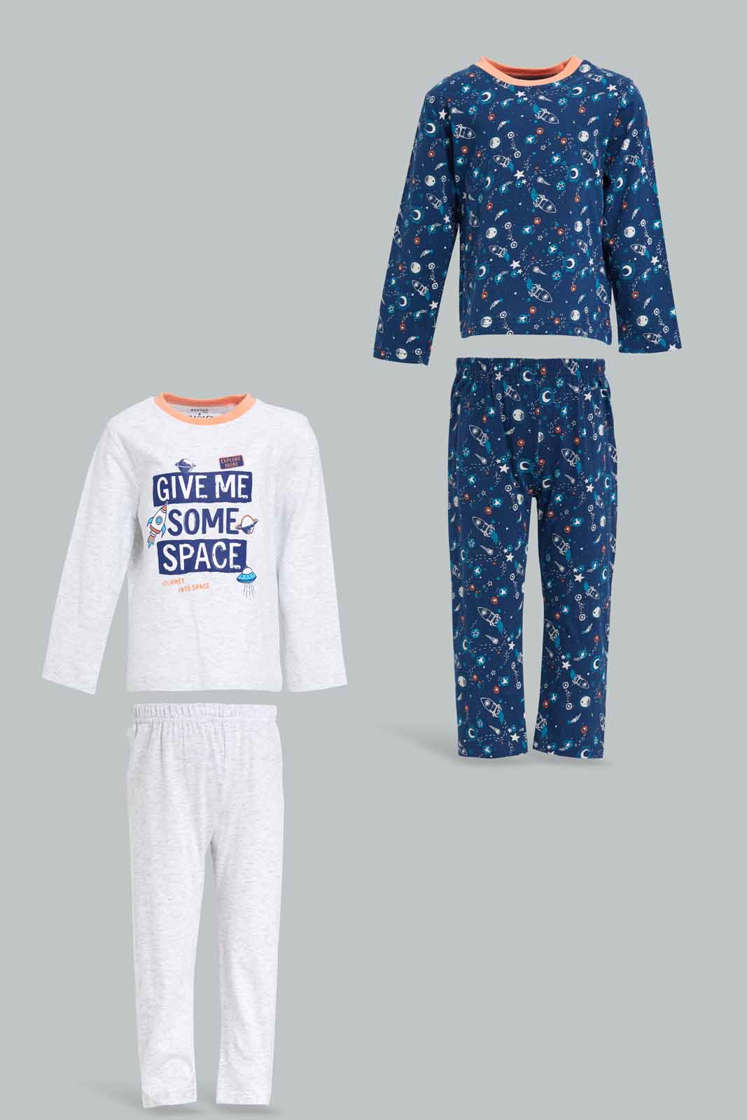 Redtag-Grey-And-Navy-Aop-Space-Long-Slvb-Pj-Set-(4-Pack)-Category:Pyjama-Sets,-Colour:Grey,-Deals:New-In,-Filter:Infant-Boys-(3-to-24-Mths),-INB-Pyjama-Sets,-New-In-INB-APL,-Non-Sale,-Section:Boys-(0-to-14Yrs),-W22B-Infant-Boys-3 to 24 Months