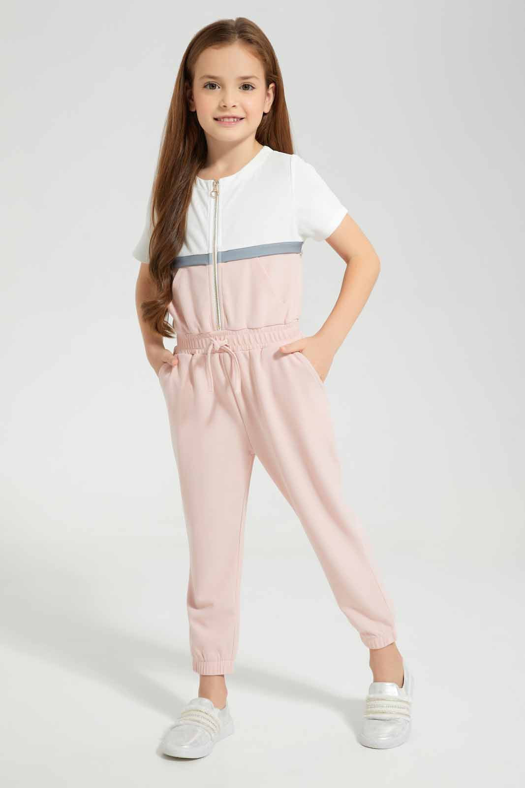 Redtag-Pink/White-Jumpsuit-Category:Jumpsuits,-Colour:Apricot,-Deals:New-In,-Filter:Girls-(2-to-8-Yrs),-GIR-Jumpsuits,-New-In-GIR-APL,-Non-Sale,-Section:Girls-(0-to-14Yrs),-W22A-Girls-2 to 8 Years