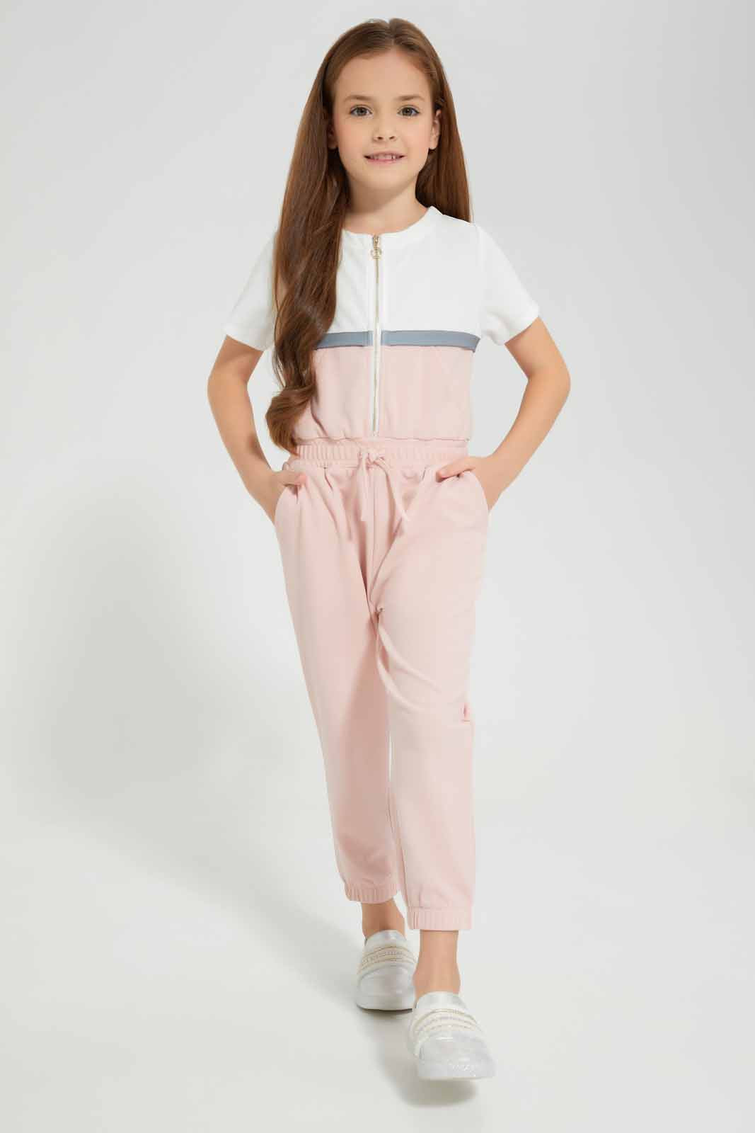 Redtag-Pink/White-Jumpsuit-Category:Jumpsuits,-Colour:Apricot,-Deals:New-In,-Filter:Girls-(2-to-8-Yrs),-GIR-Jumpsuits,-New-In-GIR-APL,-Non-Sale,-Section:Girls-(0-to-14Yrs),-W22A-Girls-2 to 8 Years