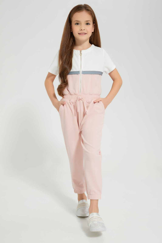 Redtag-Pink/White-Jumpsuit-Category:Jumpsuits,-Colour:Apricot,-Deals:New-In,-Filter:Girls-(2-to-8-Yrs),-GIR-Jumpsuits,-New-In-GIR-APL,-Non-Sale,-Section:Girls-(0-to-14Yrs),-W22A-Girls-2 to 8 Years