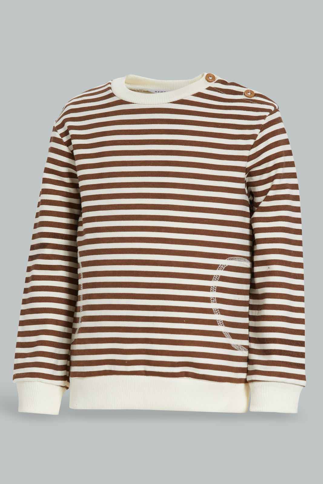 Redtag-Brown-And-White-Stripe-Set-Top-And-Bottom-Terry-Set-Category:Sets,-Colour:Brown,-Deals:New-In,-Dept:Boys,-Filter:Infant-Boys-(3-to-24-Mths),-INB-Sets,-New-In-INB-APL,-Non-Sale,-Section:Boys-(0-to-14Yrs),-W22B-Infant-Boys-3 to 24 Months