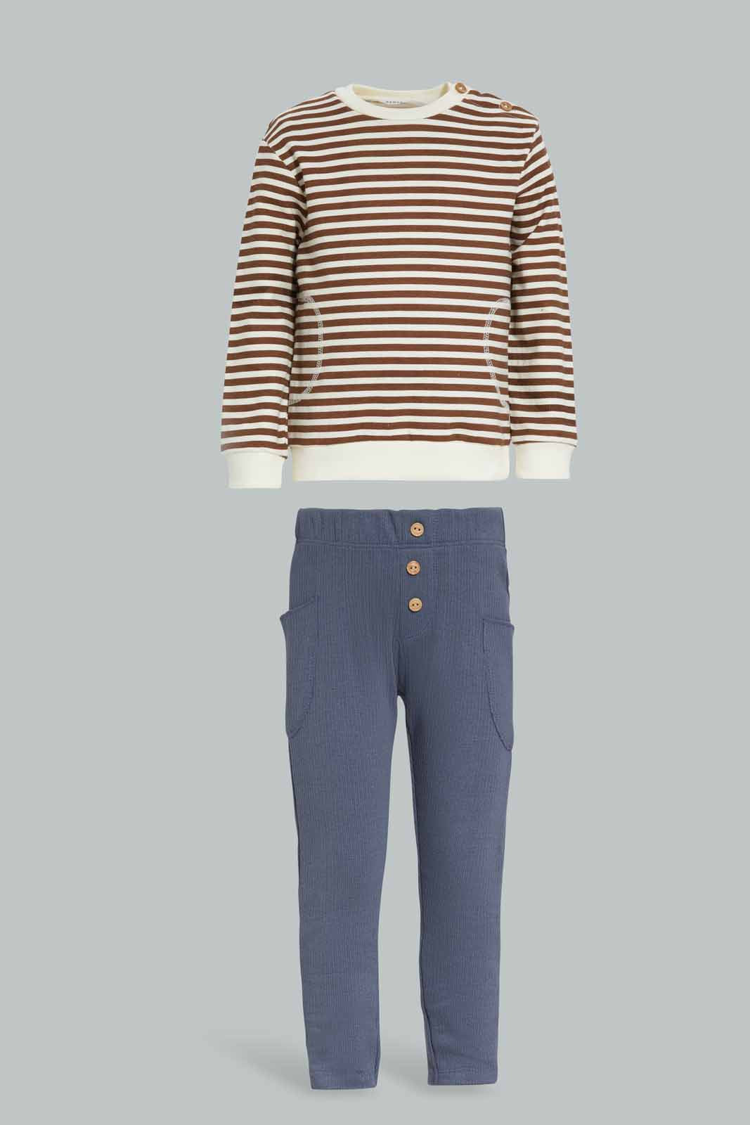 Redtag-Brown-And-White-Stripe-Set-Top-And-Bottom-Terry-Set-Category:Sets,-Colour:Brown,-Deals:New-In,-Dept:Boys,-Filter:Infant-Boys-(3-to-24-Mths),-INB-Sets,-New-In-INB-APL,-Non-Sale,-Section:Boys-(0-to-14Yrs),-W22B-Infant-Boys-3 to 24 Months