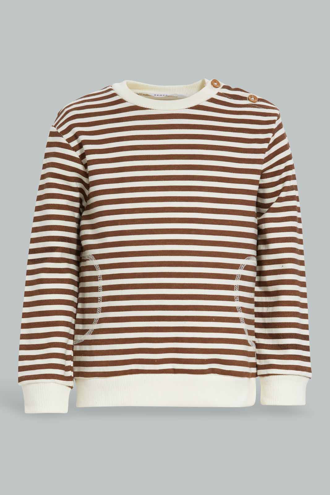 Redtag-Brown-And-White-Stripe-Set-Top-And-Bottom-Terry-Set-Category:Sets,-Colour:Brown,-Deals:New-In,-Dept:Boys,-Filter:Infant-Boys-(3-to-24-Mths),-INB-Sets,-New-In-INB-APL,-Non-Sale,-Section:Boys-(0-to-14Yrs),-W22B-Infant-Boys-3 to 24 Months