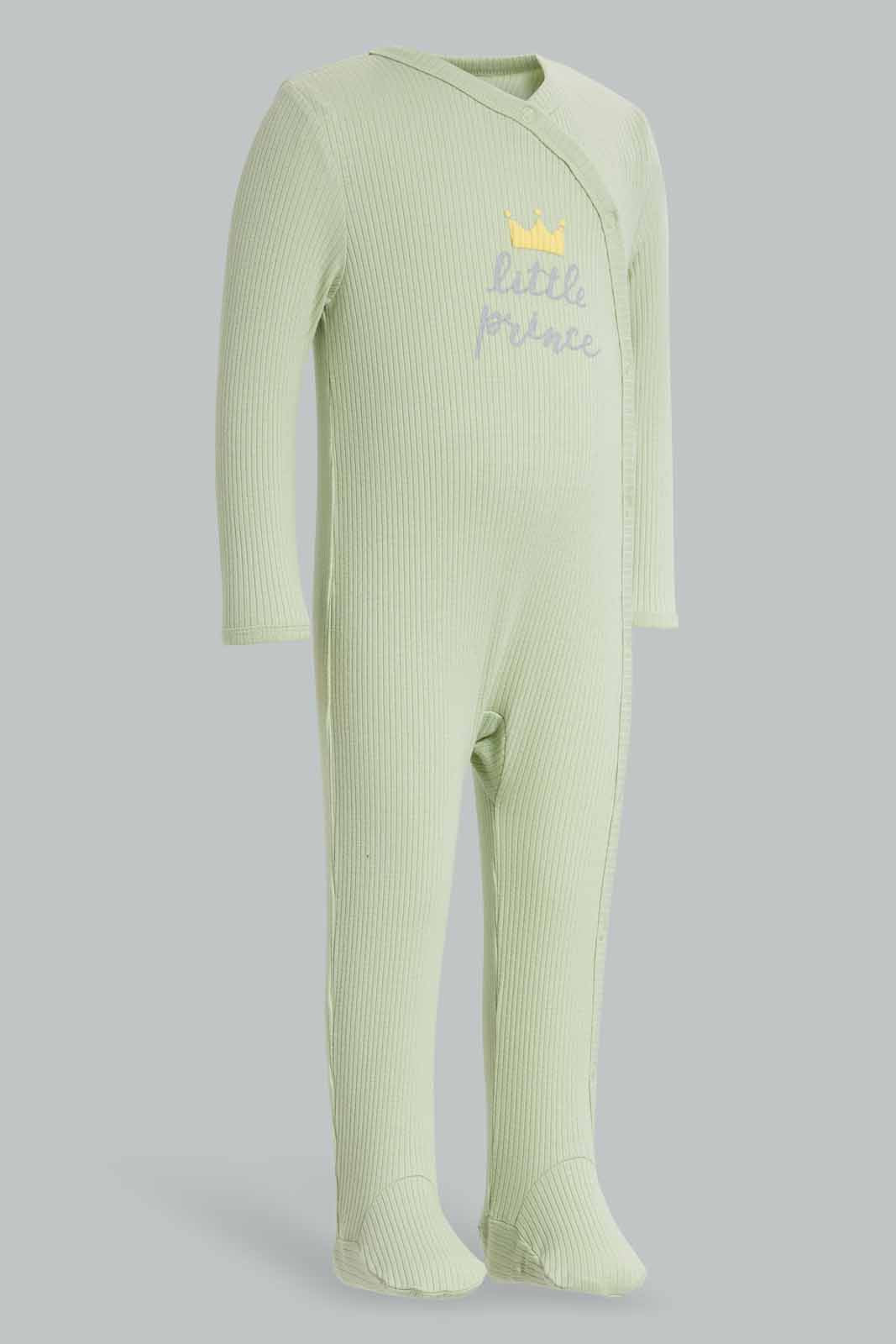 Redtag-Green-Little-Prince-Rib-Sleepsuit-Category:Sleepsuits,-Colour:Green,-Deals:New-In,-Filter:Baby-(0-to-12-Mths),-NBB-Sleepsuits,-New-In-NBB-APL,-Non-Sale,-Section:Boys-(0-to-14Yrs),-W22A-Baby-0 to 12 Months