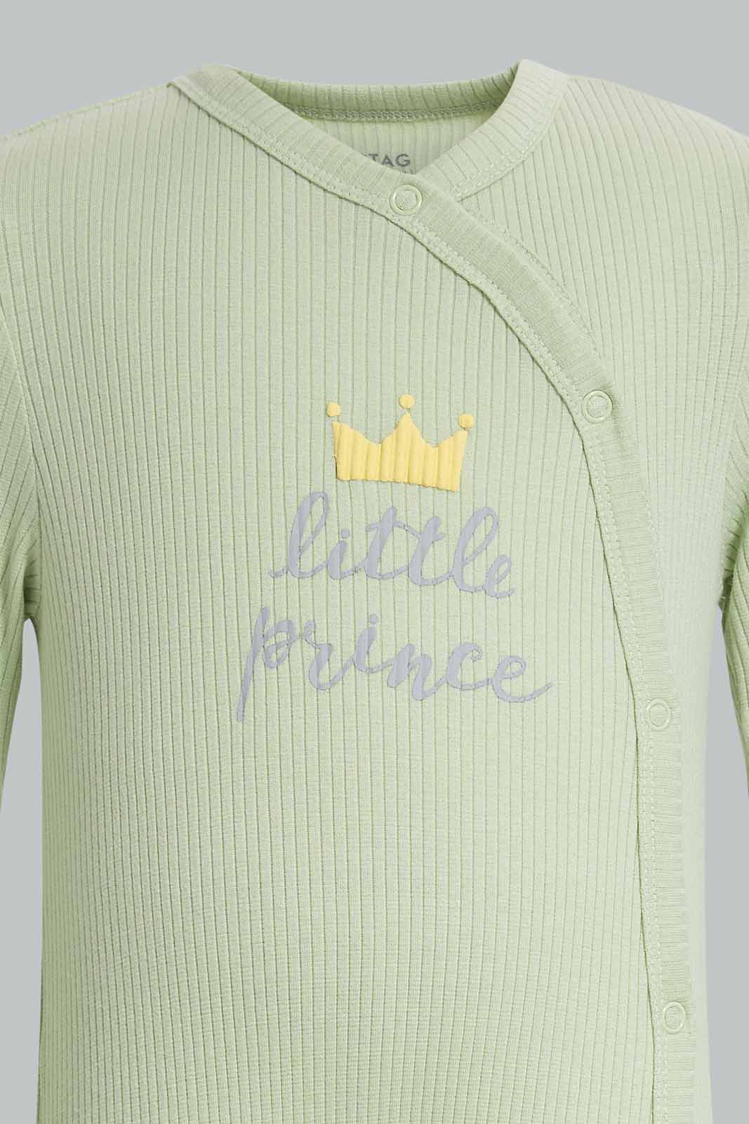 Redtag-Green-Little-Prince-Rib-Sleepsuit-Category:Sleepsuits,-Colour:Green,-Deals:New-In,-Filter:Baby-(0-to-12-Mths),-NBB-Sleepsuits,-New-In-NBB-APL,-Non-Sale,-Section:Boys-(0-to-14Yrs),-W22A-Baby-0 to 12 Months
