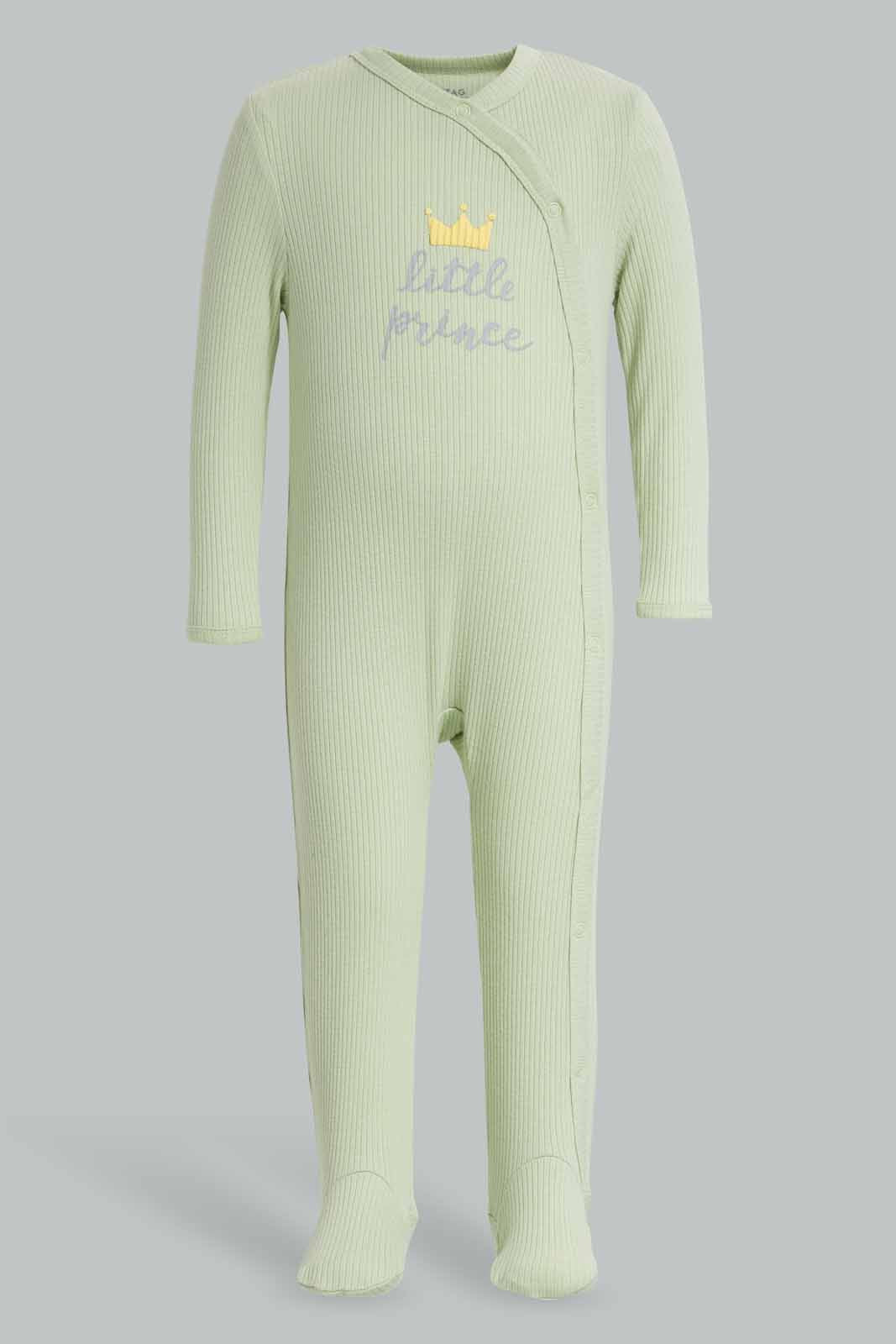 Redtag-Green-Little-Prince-Rib-Sleepsuit-Category:Sleepsuits,-Colour:Green,-Deals:New-In,-Filter:Baby-(0-to-12-Mths),-NBB-Sleepsuits,-New-In-NBB-APL,-Non-Sale,-Section:Boys-(0-to-14Yrs),-W22A-Baby-0 to 12 Months