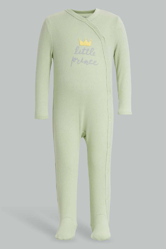 Redtag-Green-Little-Prince-Rib-Sleepsuit-Category:Sleepsuits,-Colour:Green,-Deals:New-In,-Filter:Baby-(0-to-12-Mths),-NBB-Sleepsuits,-New-In-NBB-APL,-Non-Sale,-Section:Boys-(0-to-14Yrs),-W22A-Baby-0 to 12 Months
