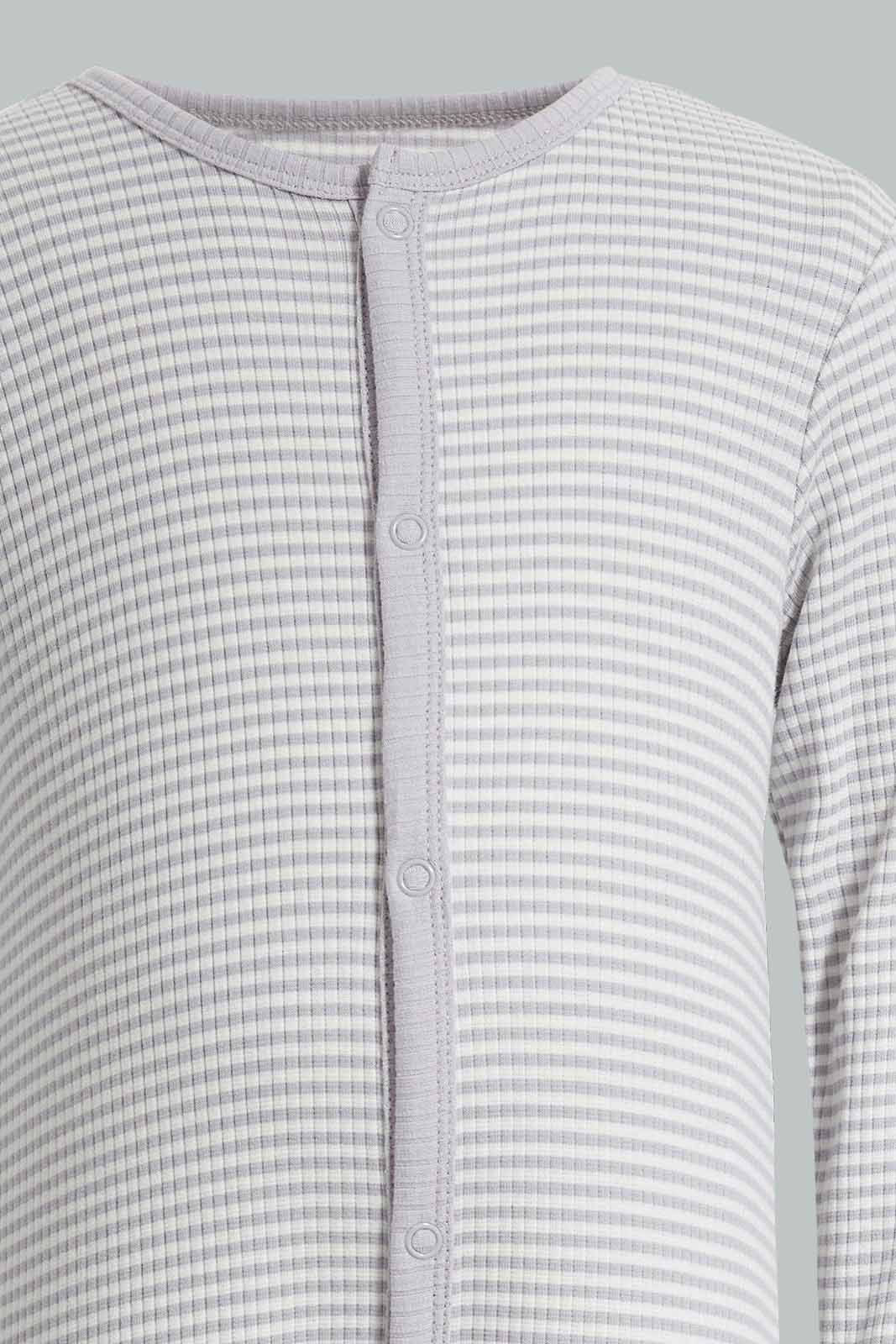 Redtag-Grey-AOP-Stripe-Rib-Sleepsuit-Category:Sleepsuits,-Colour:Grey,-Deals:New-In,-Filter:Baby-(0-to-12-Mths),-NBB-Sleepsuits,-New-In-NBB-APL,-Non-Sale,-Section:Boys-(0-to-14Yrs),-W22A-Baby-0 to 12 Months