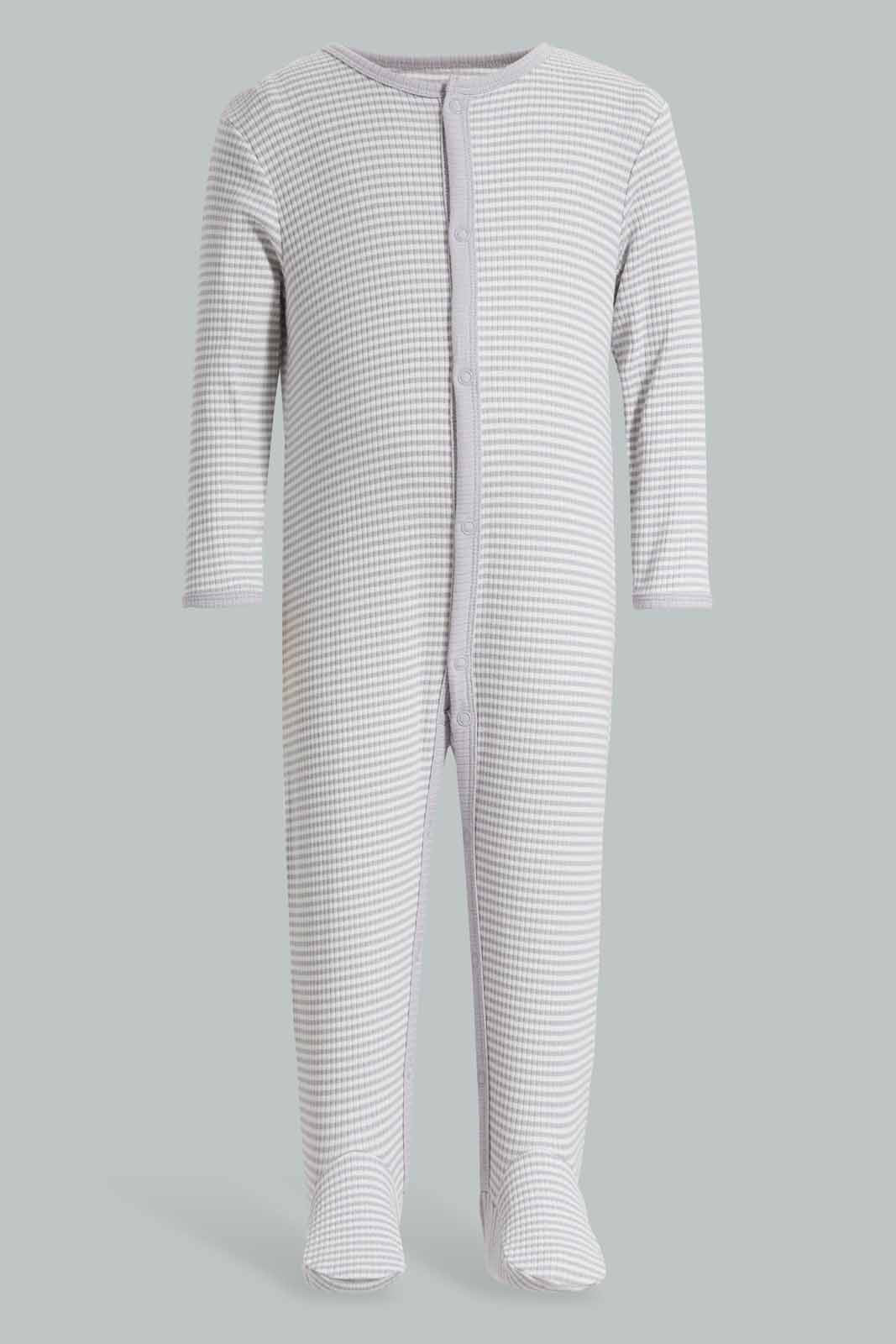 Redtag-Grey-AOP-Stripe-Rib-Sleepsuit-Category:Sleepsuits,-Colour:Grey,-Deals:New-In,-Filter:Baby-(0-to-12-Mths),-NBB-Sleepsuits,-New-In-NBB-APL,-Non-Sale,-Section:Boys-(0-to-14Yrs),-W22A-Baby-0 to 12 Months