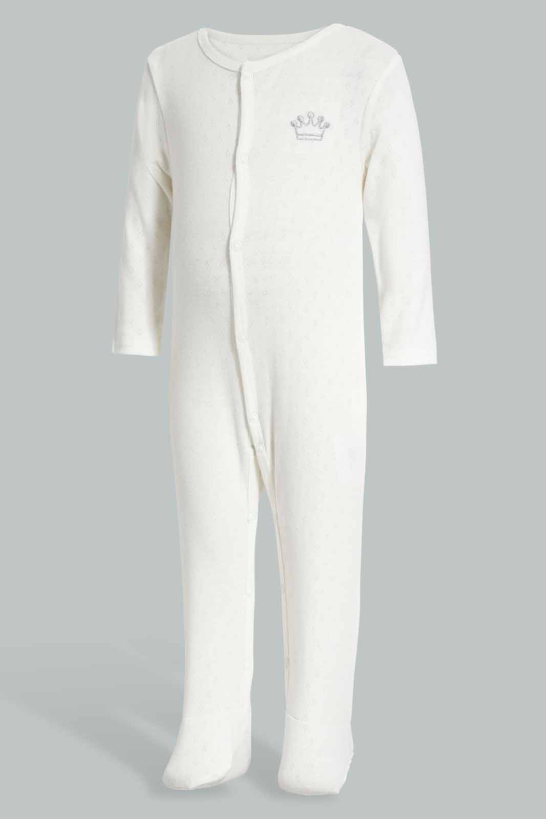 Redtag-White-Crown-Pointelle-Sleepsuit-Category:Sleepsuits,-Colour:White,-Deals:New-In,-Filter:Baby-(0-to-12-Mths),-NBB-Sleepsuits,-New-In-NBB-APL,-Non-Sale,-Section:Boys-(0-to-14Yrs),-W22A-Baby-0 to 12 Months