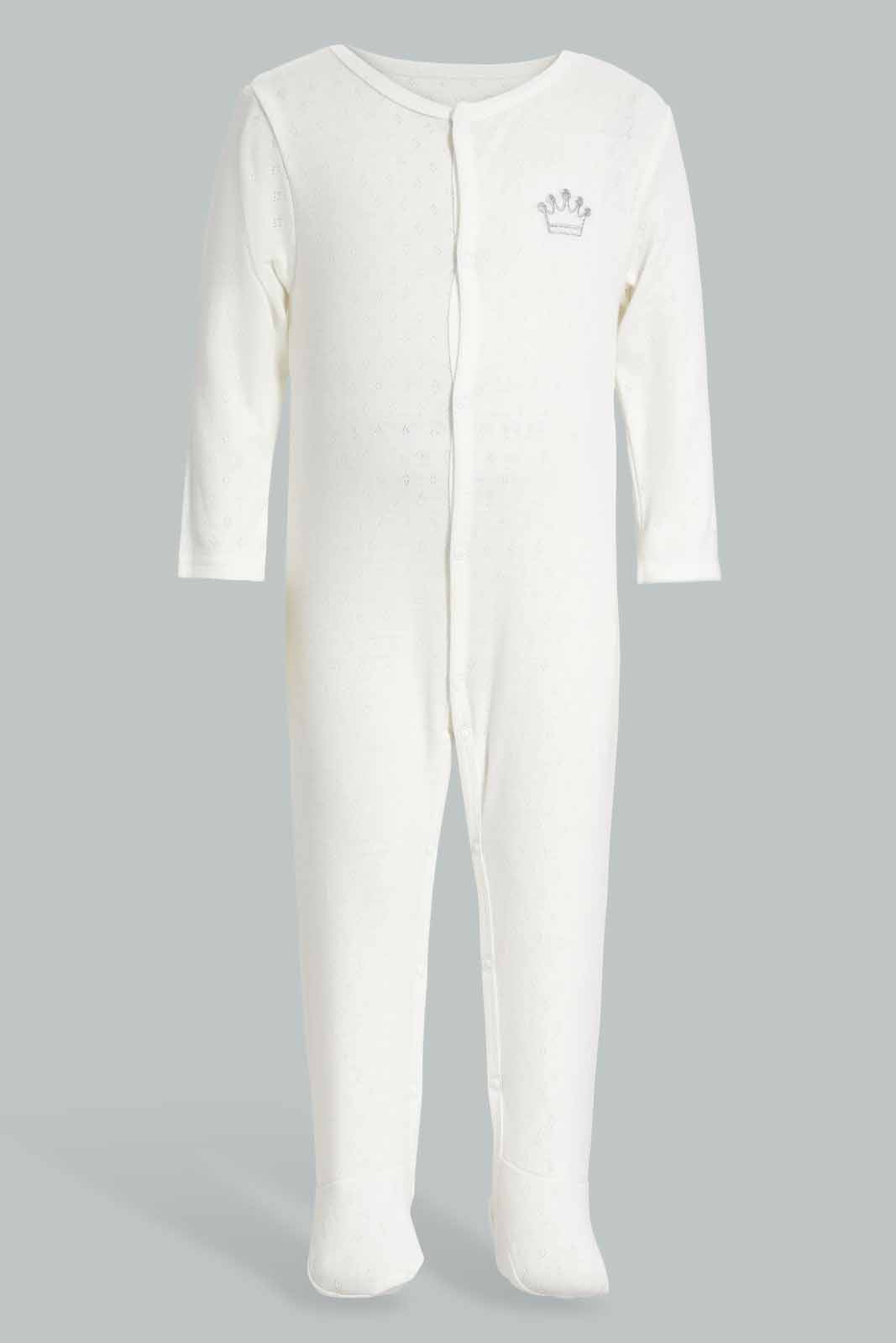 Redtag-White-Crown-Pointelle-Sleepsuit-Category:Sleepsuits,-Colour:White,-Deals:New-In,-Filter:Baby-(0-to-12-Mths),-NBB-Sleepsuits,-New-In-NBB-APL,-Non-Sale,-Section:Boys-(0-to-14Yrs),-W22A-Baby-0 to 12 Months