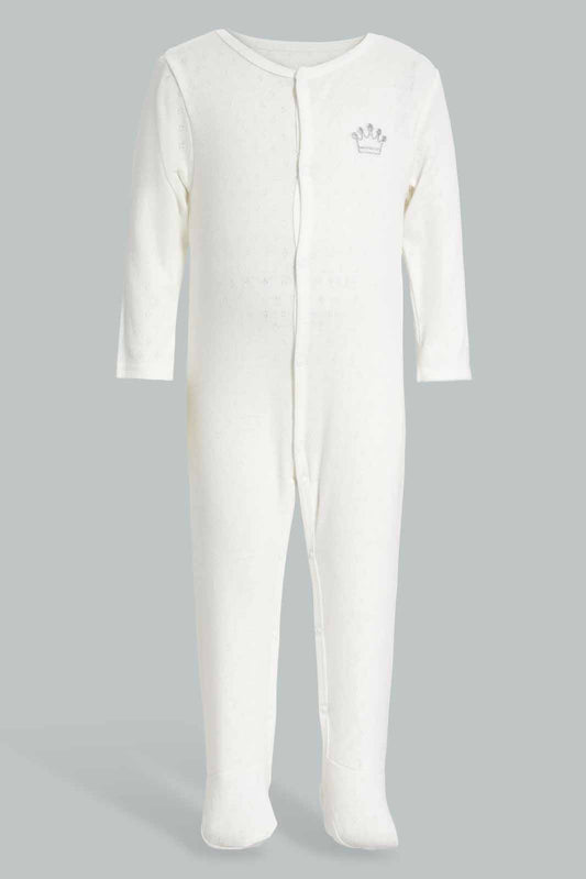 Redtag-White-Crown-Pointelle-Sleepsuit-Category:Sleepsuits,-Colour:White,-Deals:New-In,-Filter:Baby-(0-to-12-Mths),-NBB-Sleepsuits,-New-In-NBB-APL,-Non-Sale,-Section:Boys-(0-to-14Yrs),-W22A-Baby-0 to 12 Months