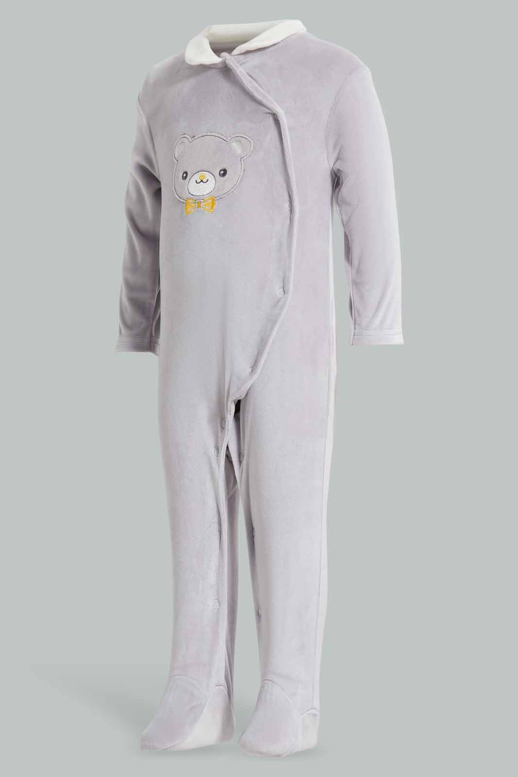 Redtag-Grey-Bear-Embroidered-Velour-Sleeepsuit-Category:Sleepsuits,-Colour:Grey,-Deals:New-In,-Filter:Baby-(0-to-12-Mths),-NBB-Sleepsuits,-New-In-NBB-APL,-Non-Sale,-Section:Boys-(0-to-14Yrs),-W22A-Baby-0 to 12 Months