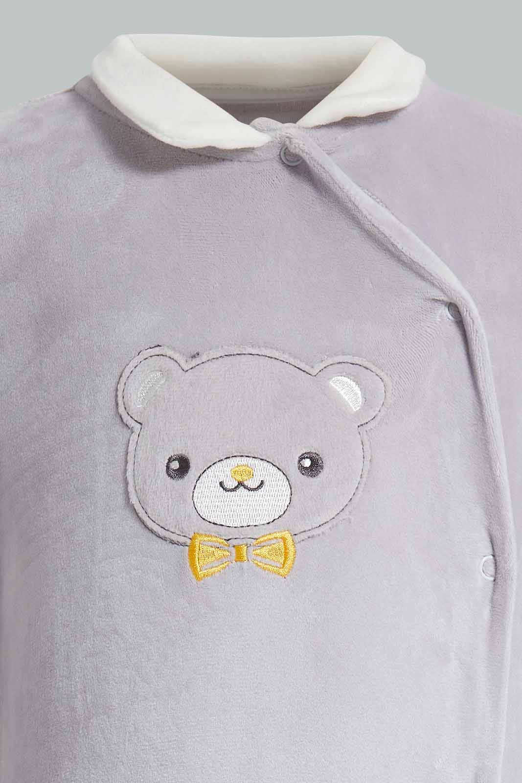 Redtag-Grey-Bear-Embroidered-Velour-Sleeepsuit-Category:Sleepsuits,-Colour:Grey,-Deals:New-In,-Filter:Baby-(0-to-12-Mths),-NBB-Sleepsuits,-New-In-NBB-APL,-Non-Sale,-Section:Boys-(0-to-14Yrs),-W22A-Baby-0 to 12 Months