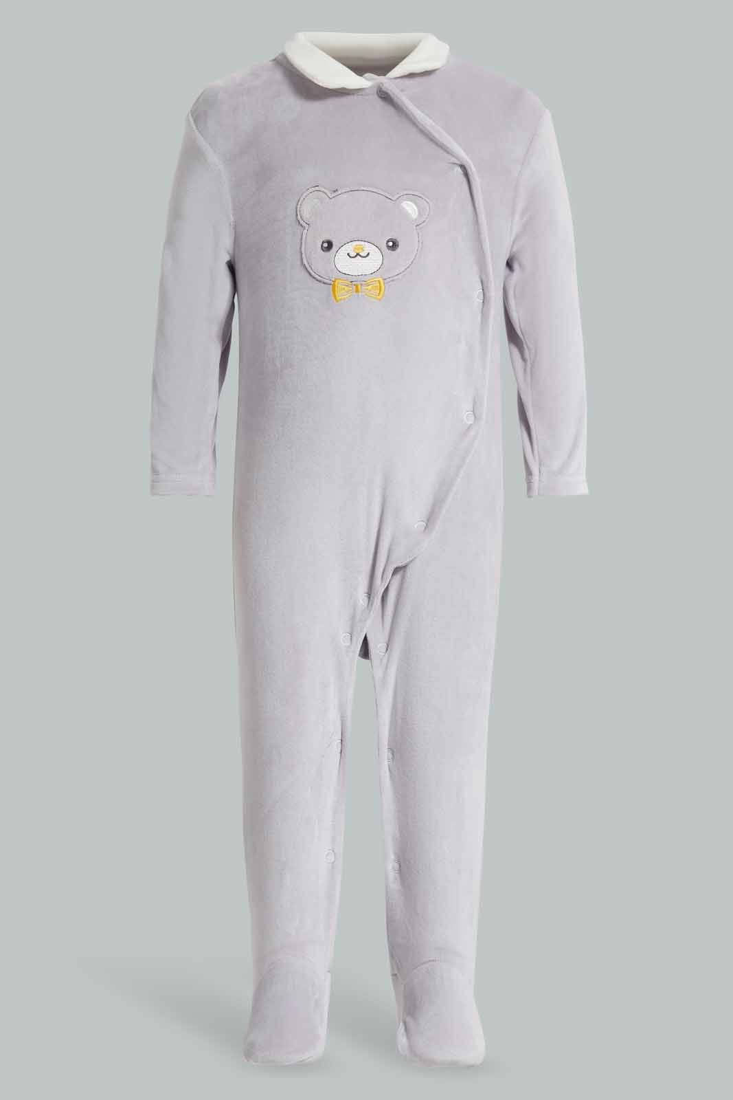 Redtag-Grey-Bear-Embroidered-Velour-Sleeepsuit-Category:Sleepsuits,-Colour:Grey,-Deals:New-In,-Filter:Baby-(0-to-12-Mths),-NBB-Sleepsuits,-New-In-NBB-APL,-Non-Sale,-Section:Boys-(0-to-14Yrs),-W22A-Baby-0 to 12 Months