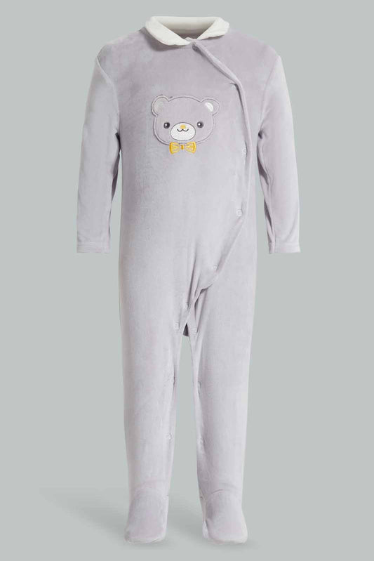 Redtag-Grey-Bear-Embroidered-Velour-Sleeepsuit-Category:Sleepsuits,-Colour:Grey,-Deals:New-In,-Filter:Baby-(0-to-12-Mths),-NBB-Sleepsuits,-New-In-NBB-APL,-Non-Sale,-Section:Boys-(0-to-14Yrs),-W22A-Baby-0 to 12 Months
