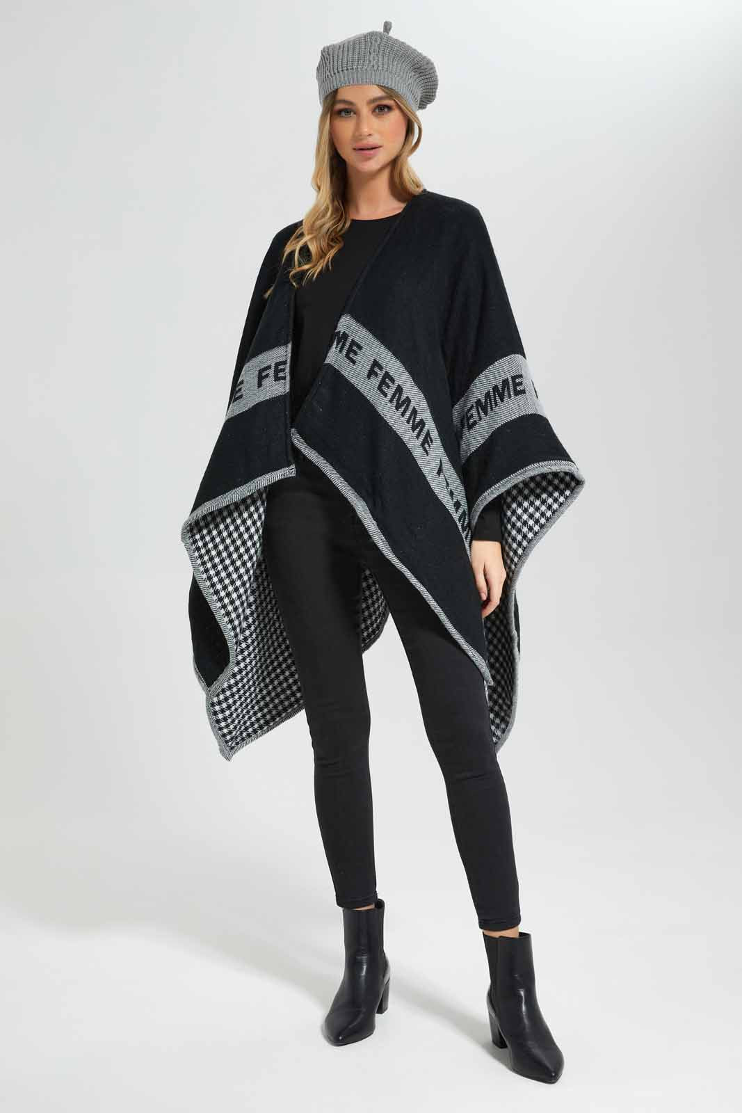 Redtag-Black-Grey-Houndstooth-Reversible-Poncho-Category:Cardigans,-Colour:Assorted,-Deals:New-In,-EHW,-Filter:Women's-Clothing,-New-In-Women-APL,-Non-Sale,-Section:Women,-W22B,-Women-Cardigans-Women's-