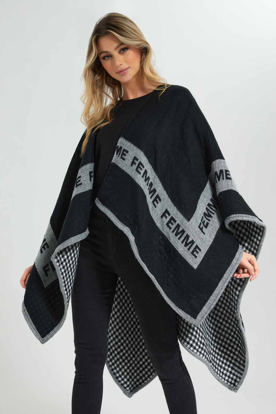 Redtag-Black-Grey-Houndstooth-Reversible-Poncho-Category:Cardigans,-Colour:Assorted,-Deals:New-In,-EHW,-Filter:Women's-Clothing,-New-In-Women-APL,-Non-Sale,-Section:Women,-W22B,-Women-Cardigans-Women's-