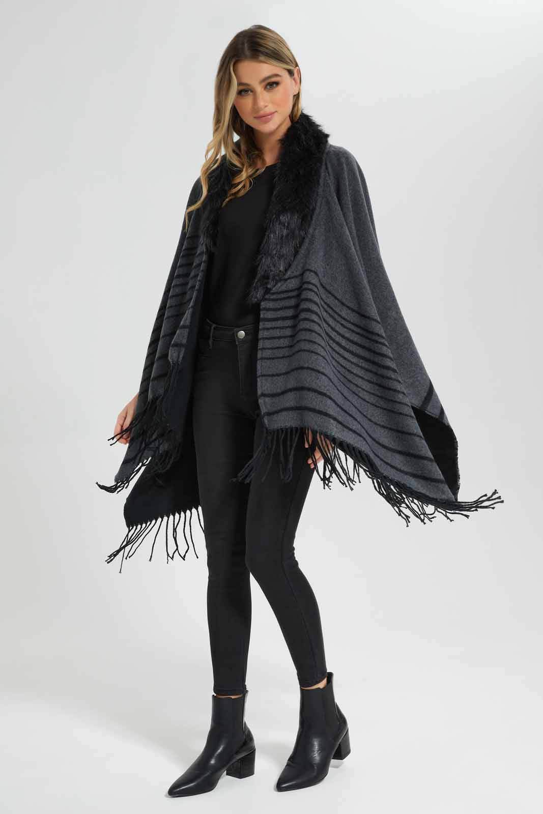 Redtag-High-Neck-Fur-Poncho-Category:Cardigans,-Colour:Assorted,-Deals:New-In,-EHW,-Filter:Women's-Clothing,-New-In-Women-APL,-Non-Sale,-Section:Women,-W22B,-Women-Cardigans-Women's-