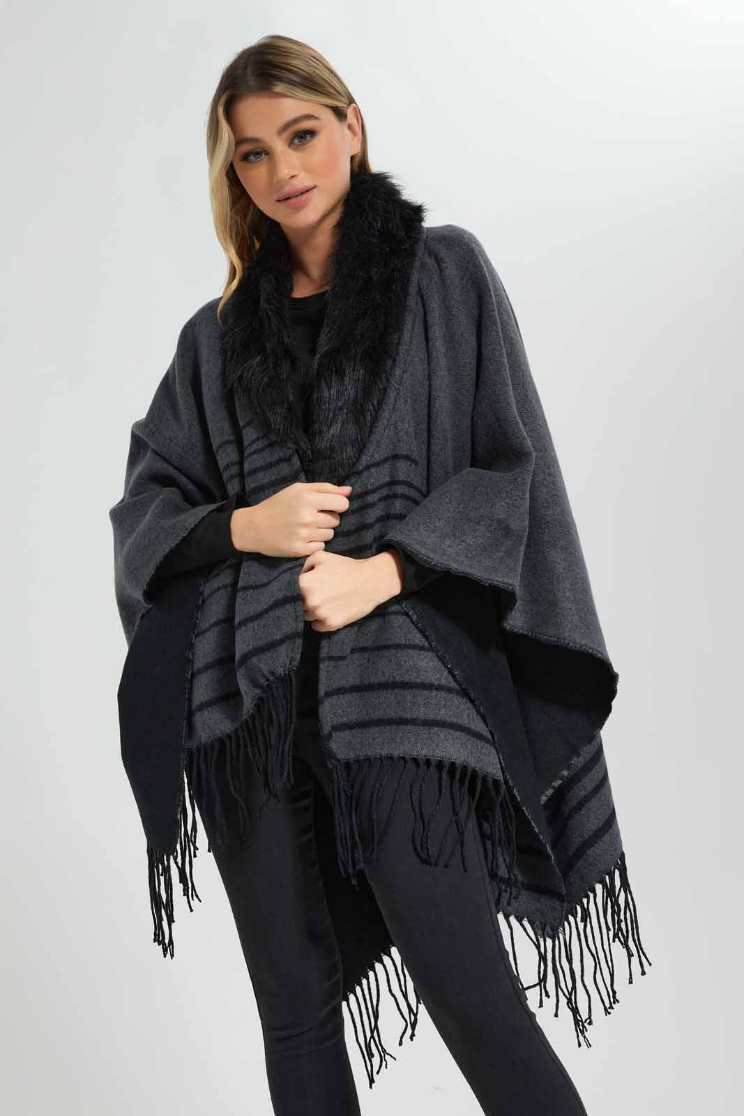 Redtag-High-Neck-Fur-Poncho-Category:Cardigans,-Colour:Assorted,-Deals:New-In,-EHW,-Filter:Women's-Clothing,-New-In-Women-APL,-Non-Sale,-Section:Women,-W22B,-Women-Cardigans-Women's-