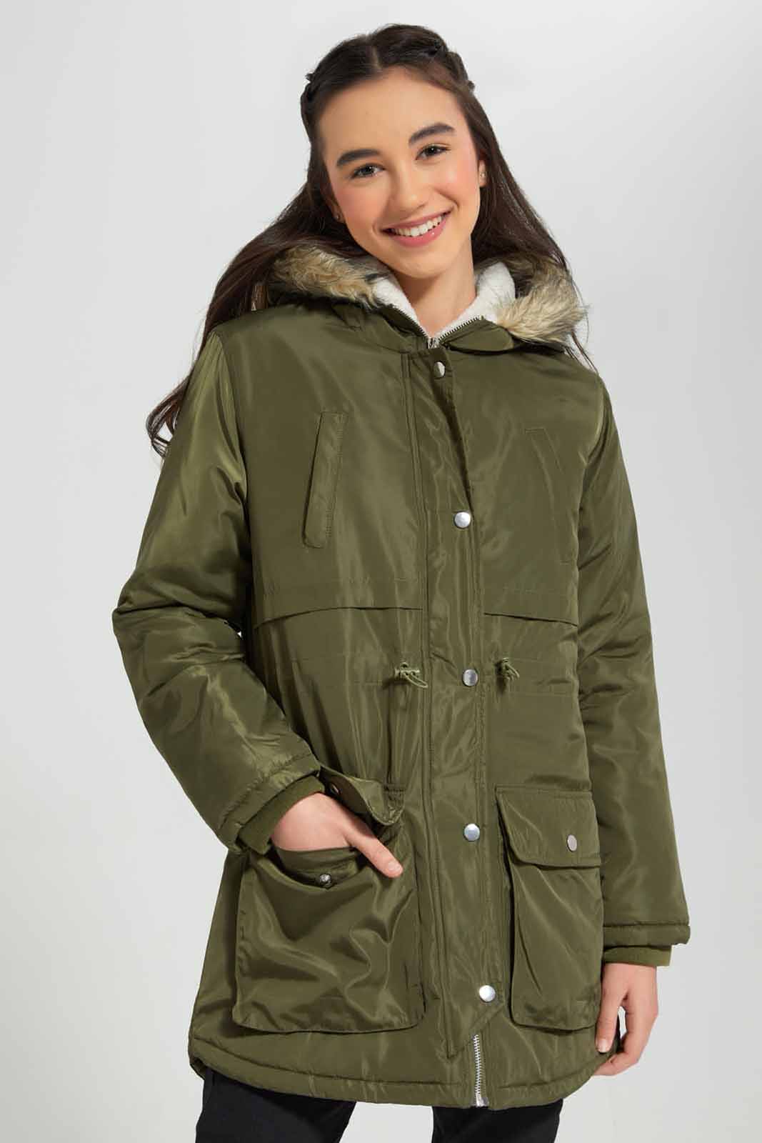 Redtag-Olive-Padded-Long-With-Fur-Category:Jackets,-Colour:Olive,-Deals:New-In,-EHW,-Filter:Senior-Girls-(8-to-14-Yrs),-GSR-Jackets,-New-In-GSR-APL,-Non-Sale,-Section:Girls-(0-to-14Yrs),-W22B-Senior-Girls-9 to 14 Years