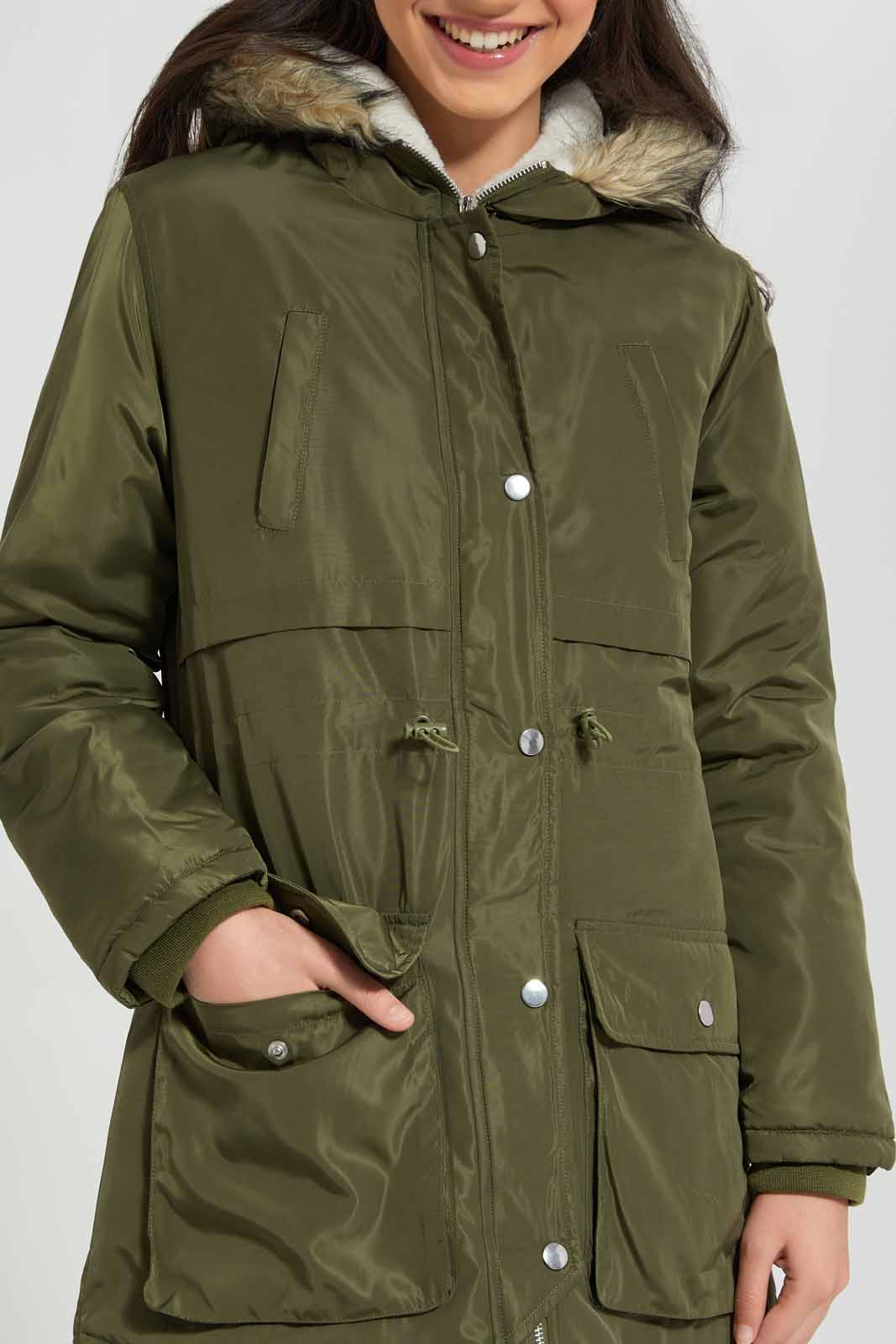 Redtag-Olive-Padded-Long-With-Fur-Category:Jackets,-Colour:Olive,-Deals:New-In,-EHW,-Filter:Senior-Girls-(8-to-14-Yrs),-GSR-Jackets,-New-In-GSR-APL,-Non-Sale,-Section:Girls-(0-to-14Yrs),-W22B-Senior-Girls-9 to 14 Years