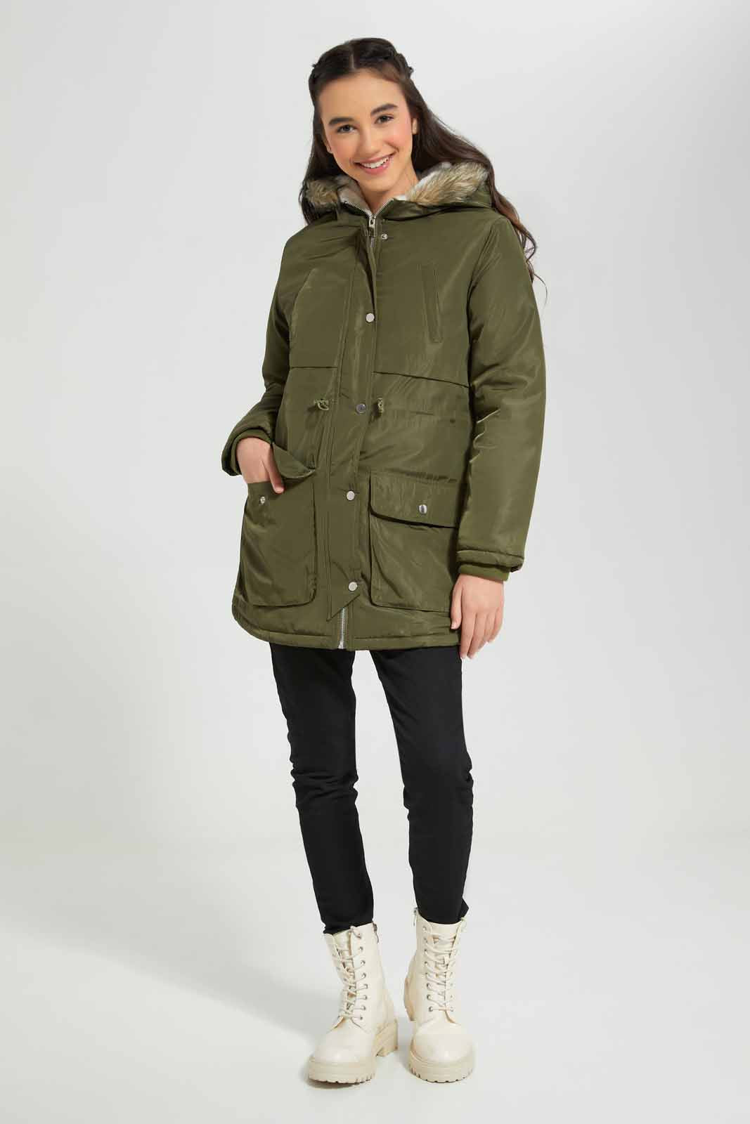 Redtag-Olive-Padded-Long-With-Fur-Category:Jackets,-Colour:Olive,-Deals:New-In,-EHW,-Filter:Senior-Girls-(8-to-14-Yrs),-GSR-Jackets,-New-In-GSR-APL,-Non-Sale,-Section:Girls-(0-to-14Yrs),-W22B-Senior-Girls-9 to 14 Years