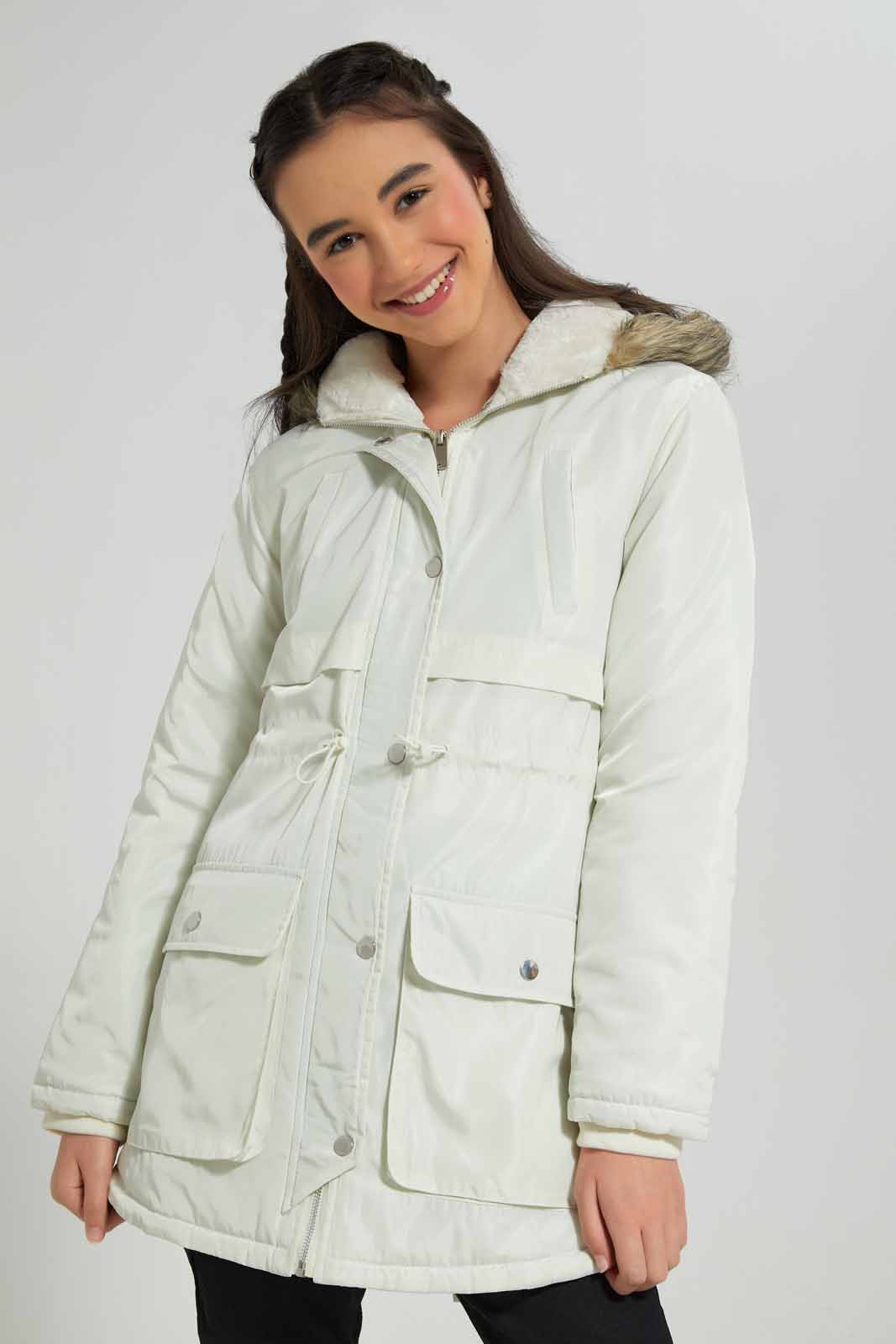 Redtag-Beige-Padded-Long-With-Fur-Category:Jackets,-Colour:Beige,-Deals:New-In,-EHW,-Filter:Senior-Girls-(8-to-14-Yrs),-GSR-Jackets,-New-In-GSR-APL,-Non-Sale,-Section:Girls-(0-to-14Yrs),-W22B-Senior-Girls-9 to 14 Years