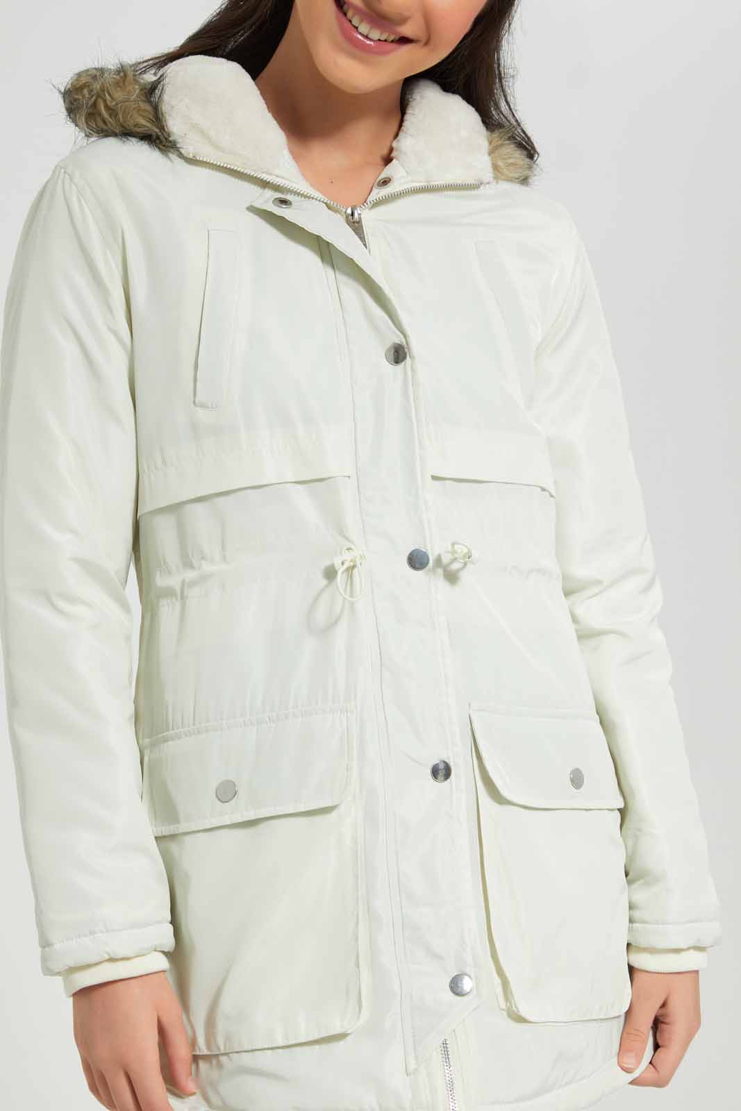 Redtag-Beige-Padded-Long-With-Fur-Category:Jackets,-Colour:Beige,-Deals:New-In,-EHW,-Filter:Senior-Girls-(8-to-14-Yrs),-GSR-Jackets,-New-In-GSR-APL,-Non-Sale,-Section:Girls-(0-to-14Yrs),-W22B-Senior-Girls-9 to 14 Years