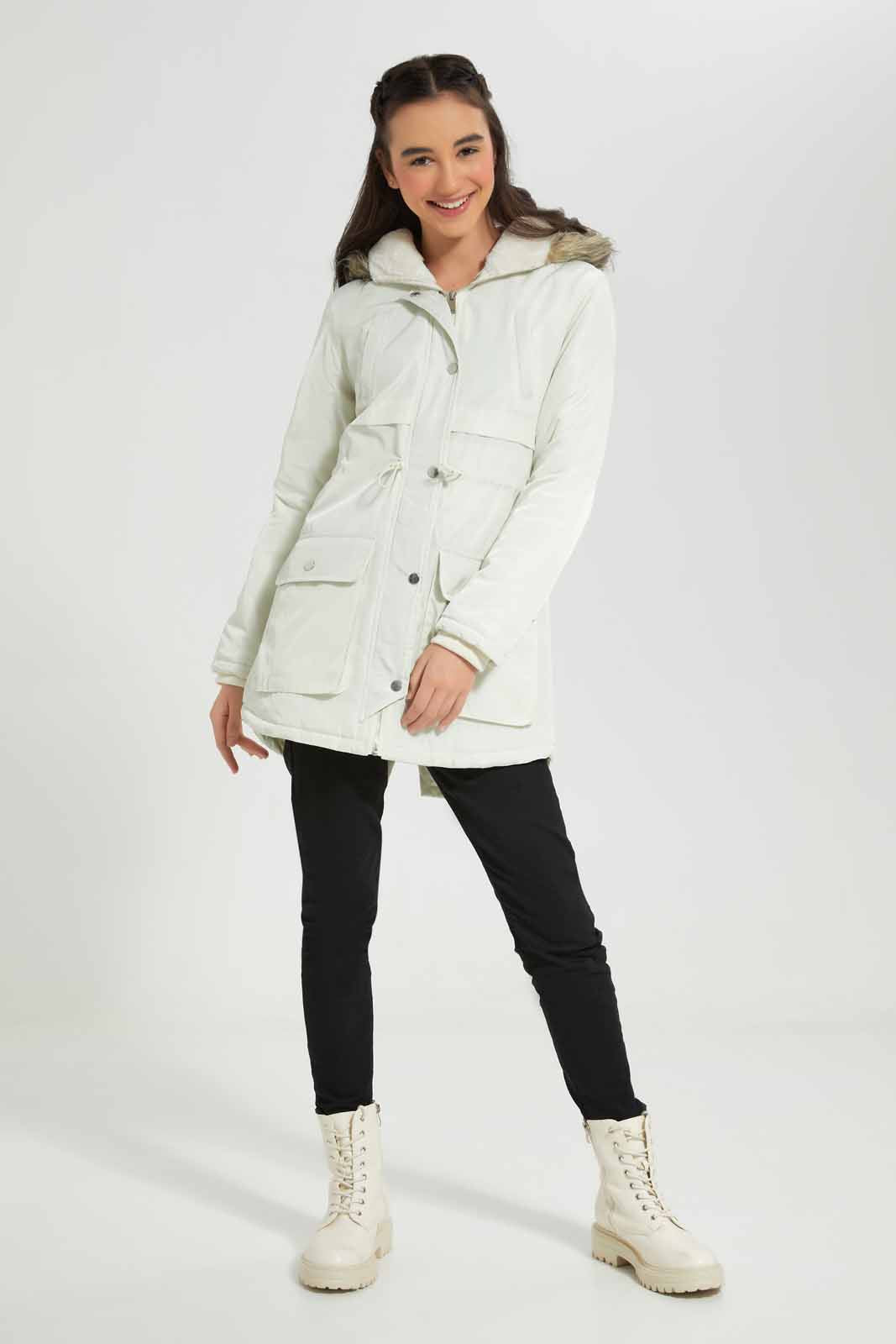 Redtag-Beige-Padded-Long-With-Fur-Category:Jackets,-Colour:Beige,-Deals:New-In,-EHW,-Filter:Senior-Girls-(8-to-14-Yrs),-GSR-Jackets,-New-In-GSR-APL,-Non-Sale,-Section:Girls-(0-to-14Yrs),-W22B-Senior-Girls-9 to 14 Years