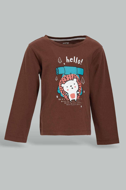 Redtag-brown-Hello-Hedgehog-Ls-Tshirt-Category:T-Shirts,-Colour:Brown,-Deals:New-In,-Dept:Boys,-Filter:Infant-Boys-(3-to-24-Mths),-INB-T-Shirts,-New-In-INB-APL,-Non-Sale,-Section:Boys-(0-to-14Yrs),-TBL,-W22B-Infant-Boys-3 to 24 Months