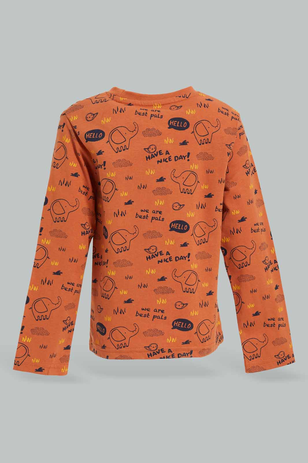 Redtag-Aop-Hello-And-Elephant-Rust-Tbl-Ls-T-Shirt-Category:T-Shirts,-Colour:Orange,-Deals:New-In,-Dept:Boys,-Filter:Infant-Boys-(3-to-24-Mths),-INB-T-Shirts,-New-In-INB-APL,-Non-Sale,-Section:Boys-(0-to-14Yrs),-TBL,-W22B-Infant-Boys-3 to 24 Months