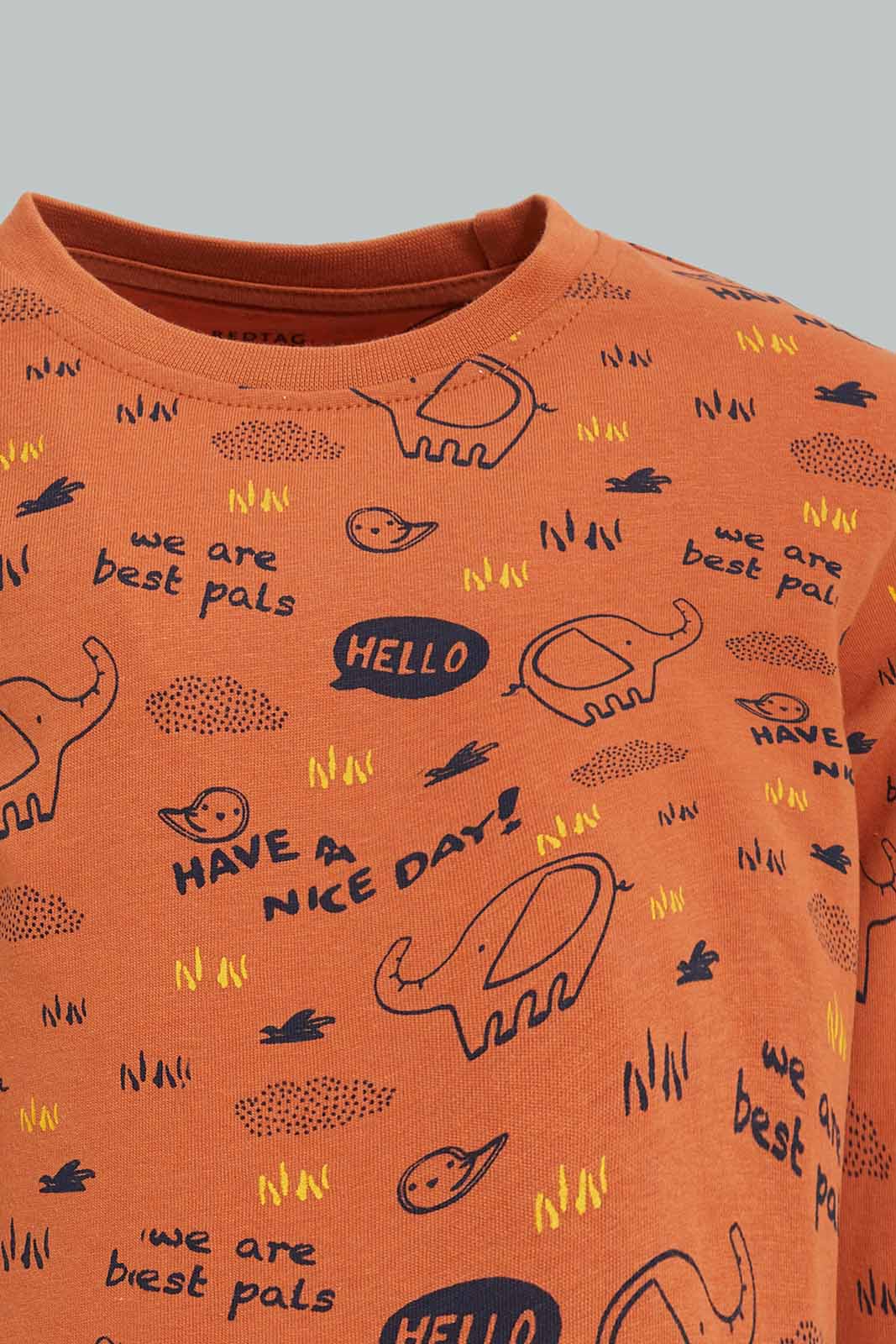 Redtag-Aop-Hello-And-Elephant-Rust-Tbl-Ls-T-Shirt-Category:T-Shirts,-Colour:Orange,-Deals:New-In,-Dept:Boys,-Filter:Infant-Boys-(3-to-24-Mths),-INB-T-Shirts,-New-In-INB-APL,-Non-Sale,-Section:Boys-(0-to-14Yrs),-TBL,-W22B-Infant-Boys-3 to 24 Months
