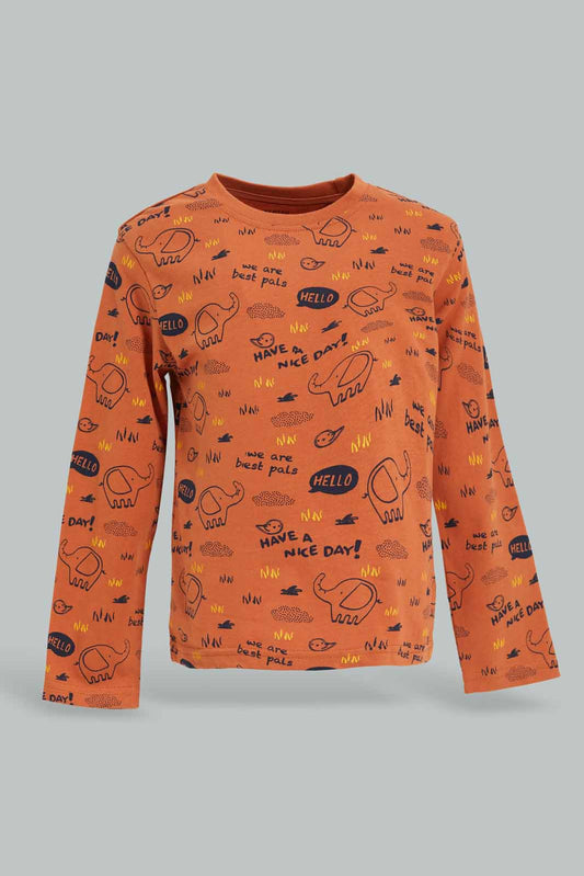 Redtag-Aop-Hello-And-Elephant-Rust-Tbl-Ls-T-Shirt-Category:T-Shirts,-Colour:Orange,-Deals:New-In,-Dept:Boys,-Filter:Infant-Boys-(3-to-24-Mths),-INB-T-Shirts,-New-In-INB-APL,-Non-Sale,-Section:Boys-(0-to-14Yrs),-TBL,-W22B-Infant-Boys-3 to 24 Months