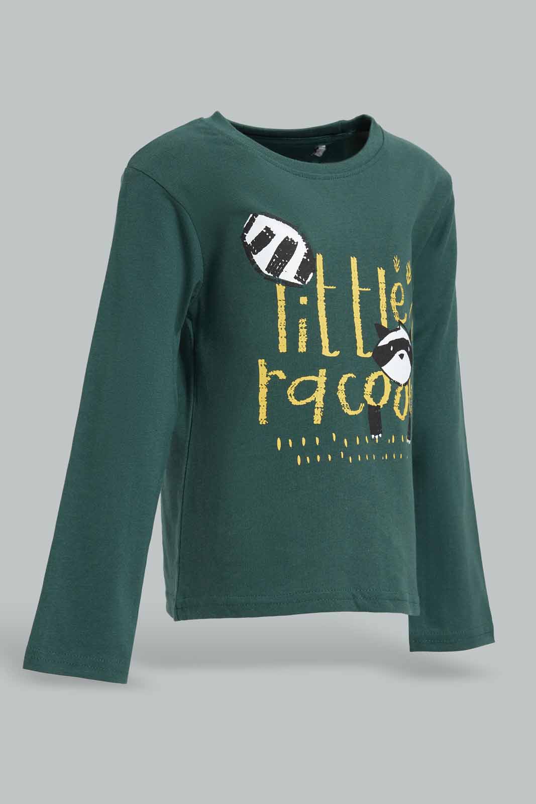 Redtag-Dark-Green-Little-Raccoon-Tbl-Ls-T-Shirt-Category:T-Shirts,-Colour:Olive,-Deals:New-In,-Dept:Boys,-Filter:Infant-Boys-(3-to-24-Mths),-INB-T-Shirts,-New-In-INB-APL,-Non-Sale,-Section:Boys-(0-to-14Yrs),-TBL,-W22B-Infant-Boys-3 to 24 Months
