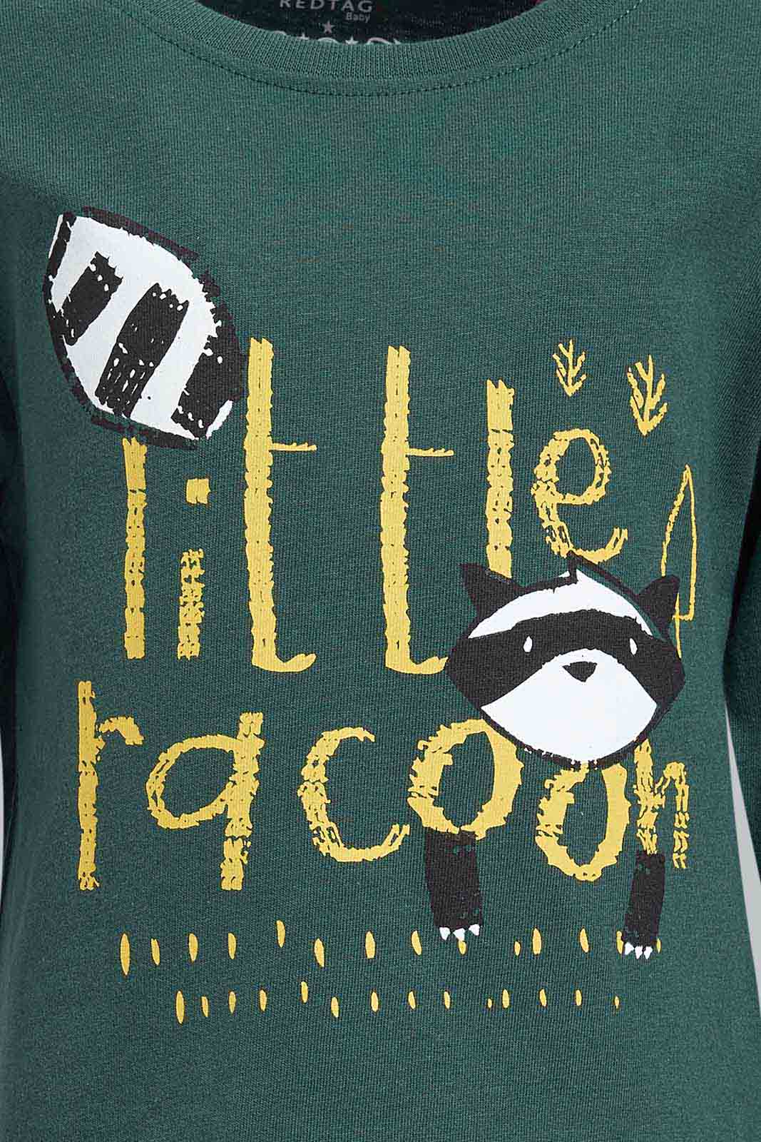 Redtag-Dark-Green-Little-Raccoon-Tbl-Ls-T-Shirt-Category:T-Shirts,-Colour:Olive,-Deals:New-In,-Dept:Boys,-Filter:Infant-Boys-(3-to-24-Mths),-INB-T-Shirts,-New-In-INB-APL,-Non-Sale,-Section:Boys-(0-to-14Yrs),-TBL,-W22B-Infant-Boys-3 to 24 Months