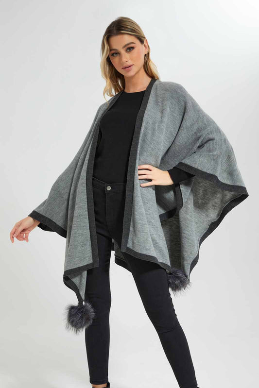 Redtag-Mid-Grey-Contrast-Panel-Ponchos-Category:Cardigans,-Colour:Grey,-Deals:New-In,-EHW,-Filter:Women's-Clothing,-New-In-Women-APL,-Non-Sale,-Section:Women,-W22B,-Women-Cardigans-Women's-