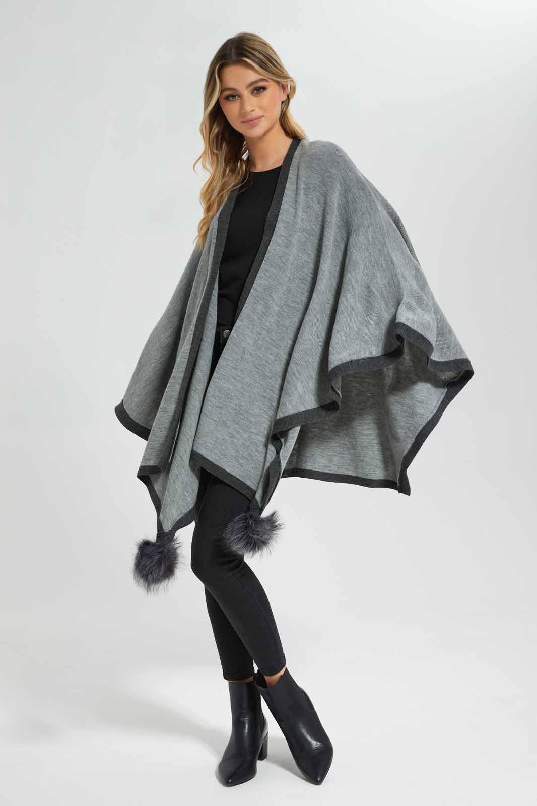 Redtag-Mid-Grey-Contrast-Panel-Ponchos-Category:Cardigans,-Colour:Grey,-Deals:New-In,-EHW,-Filter:Women's-Clothing,-New-In-Women-APL,-Non-Sale,-Section:Women,-W22B,-Women-Cardigans-Women's-