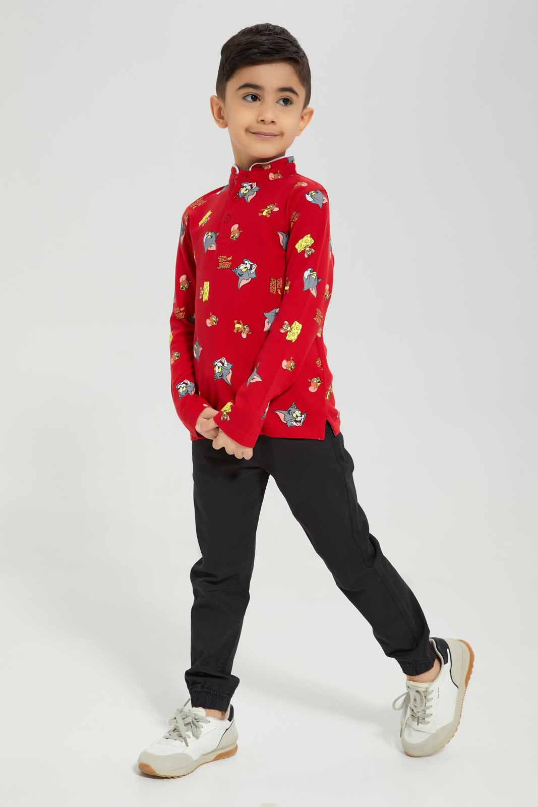 Redtag-Red-Tom-&-Jerry-Mandarin-Collar-Long-Sleeve-Polo-BOY-Polo-T-Shirts,-Category:Polo-T-Shirts,-CHR,-Colour:Red,-Deals:New-In,-Filter:Boys-(2-to-8-Yrs),-New-In-BOY-APL,-Non-Sale,-Section:Boys-(0-to-14Yrs),-TBL,-W22B-Boys-2 to 8 Years